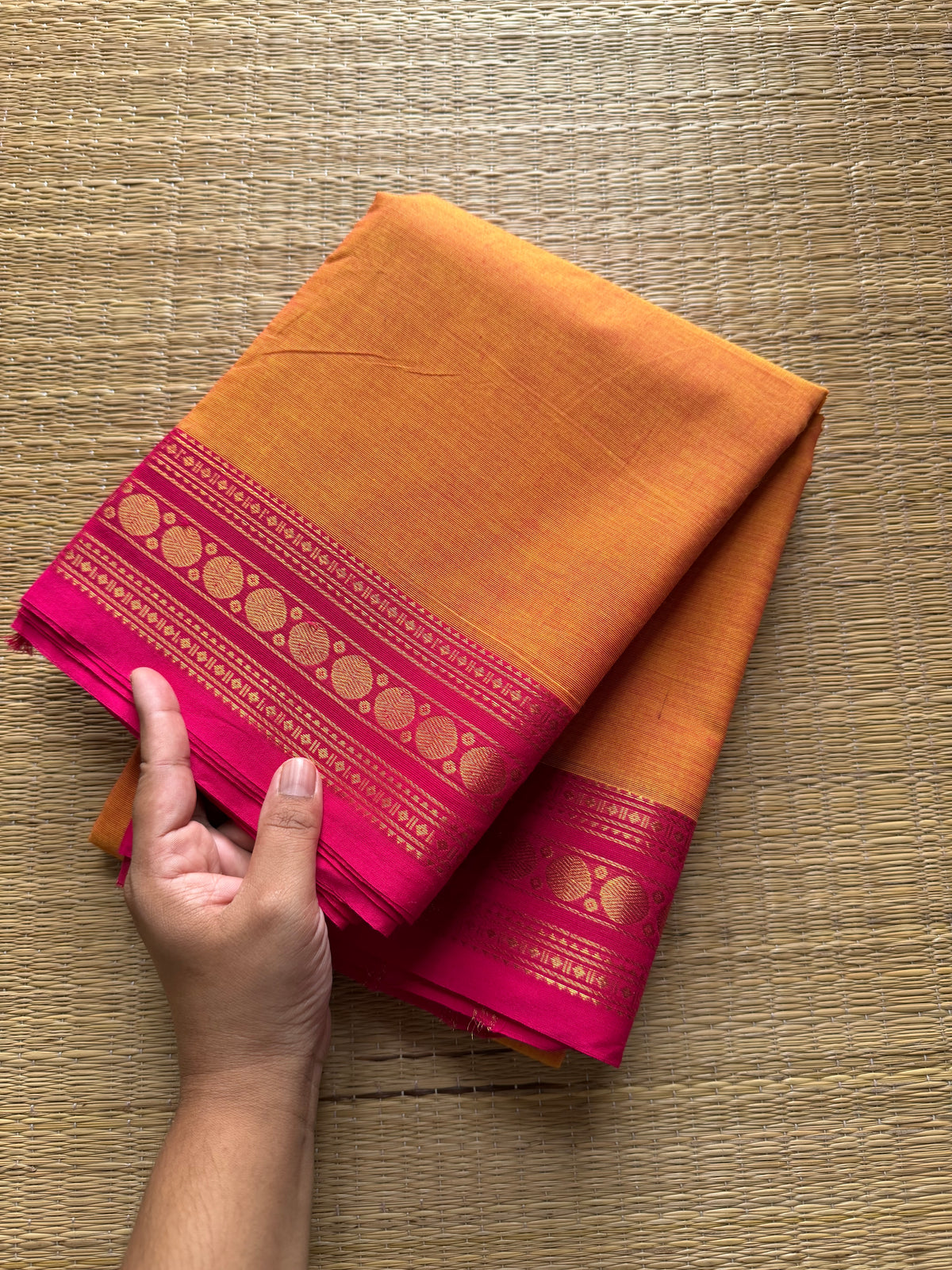 RF281 Dark Mango Shade with contrast pink combination small border Kanchi cotton saree