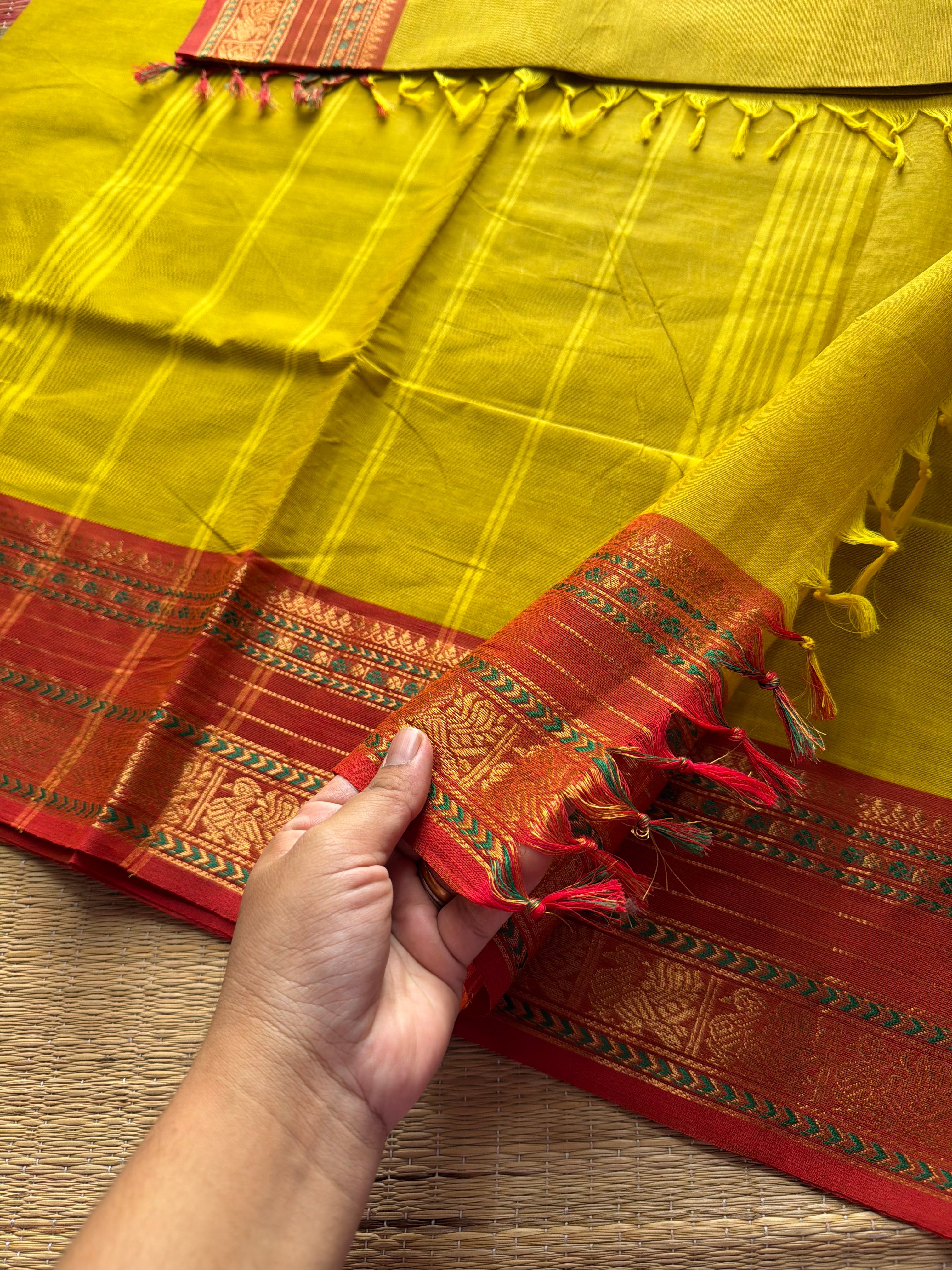 RF214 Mustard yellow shade Kanchi cotton saree with silk saree inspired contrast border