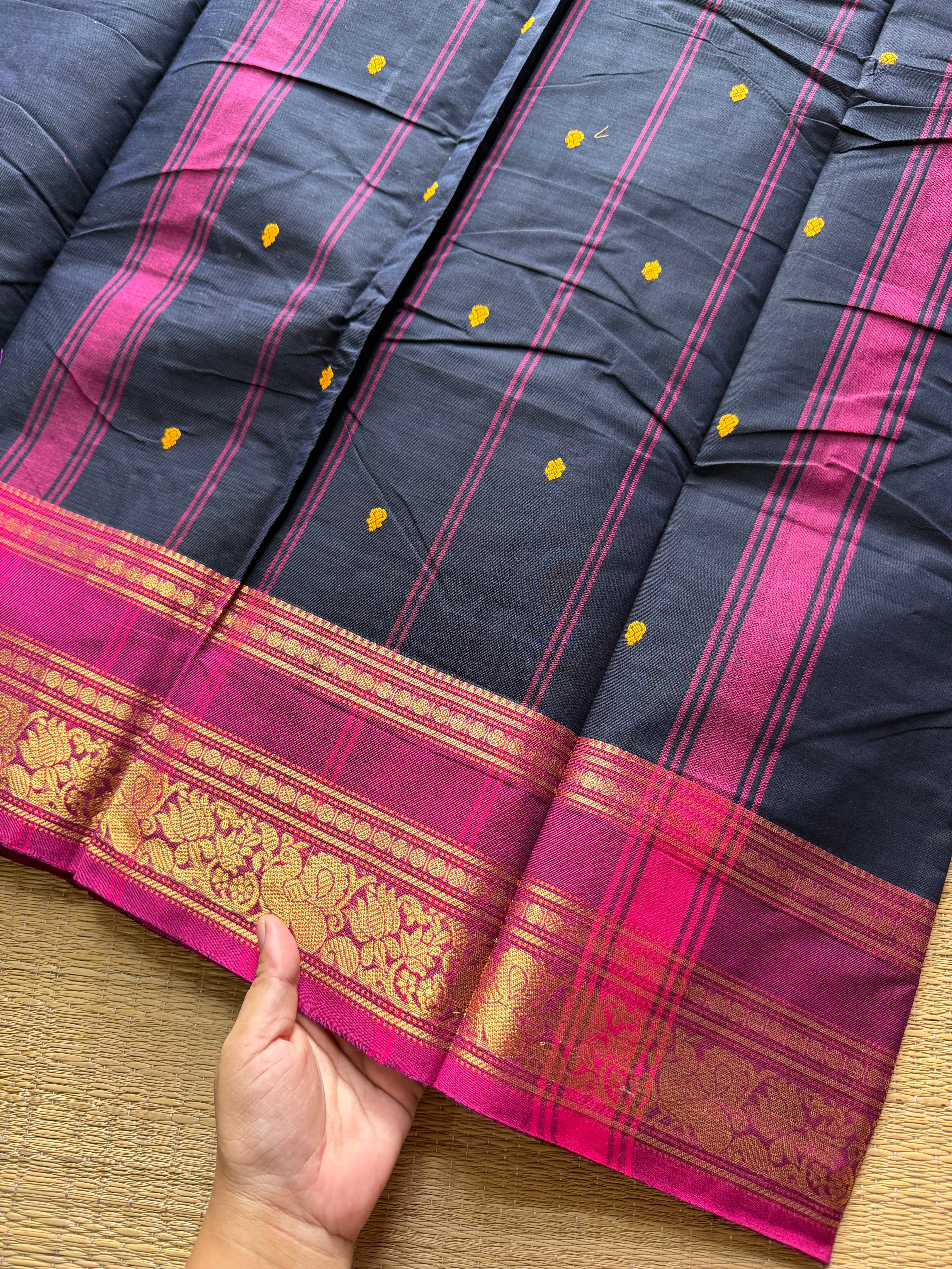 RF450 Dark Navy Blue with pink combination Kanchi cotton saree with Annam and lotus pattern border & handmade thread buttas