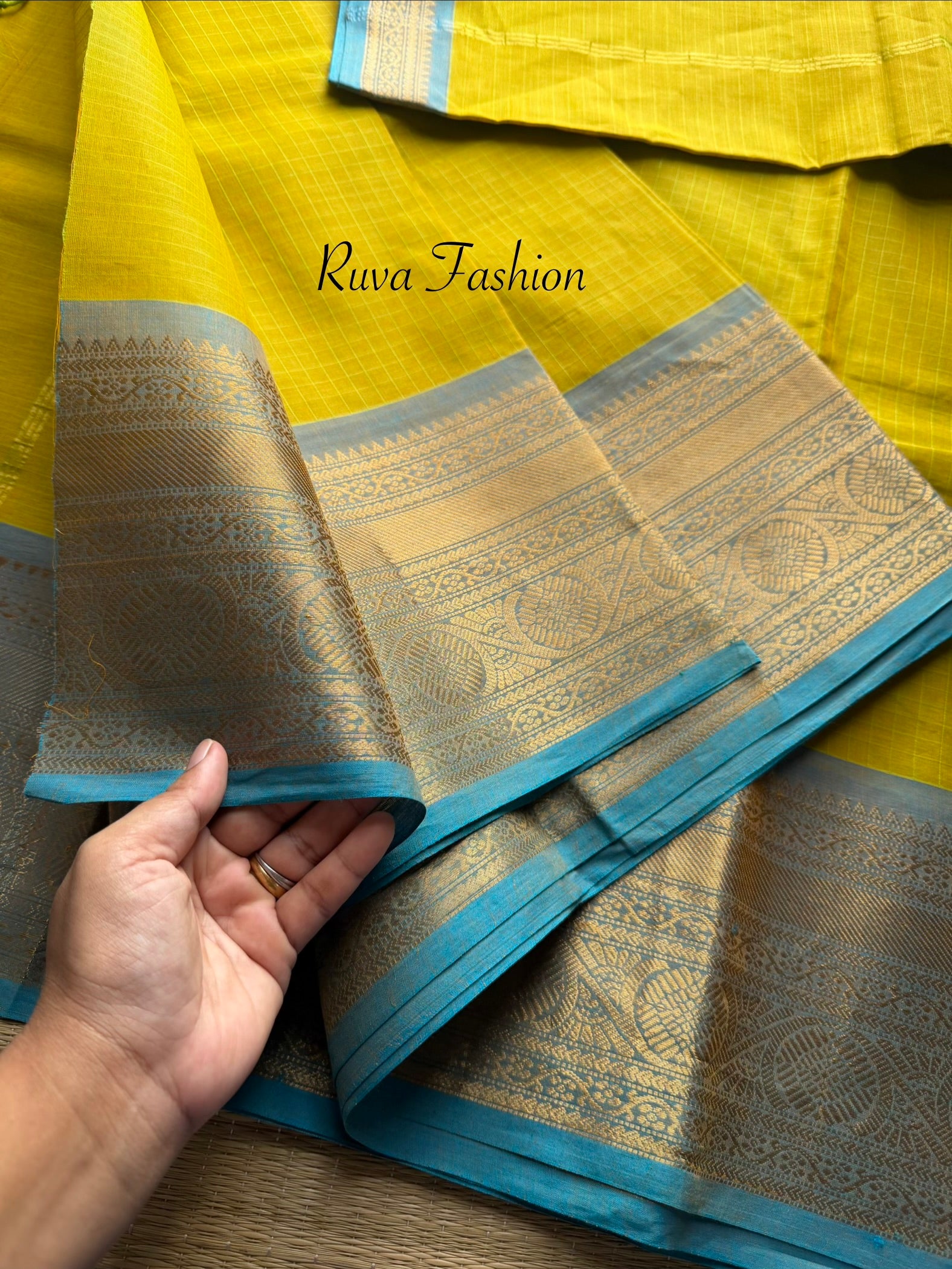 RF95 Dual tone yellow with sky blue border combination Kanchi cotton saree with checks / Kattam pattern