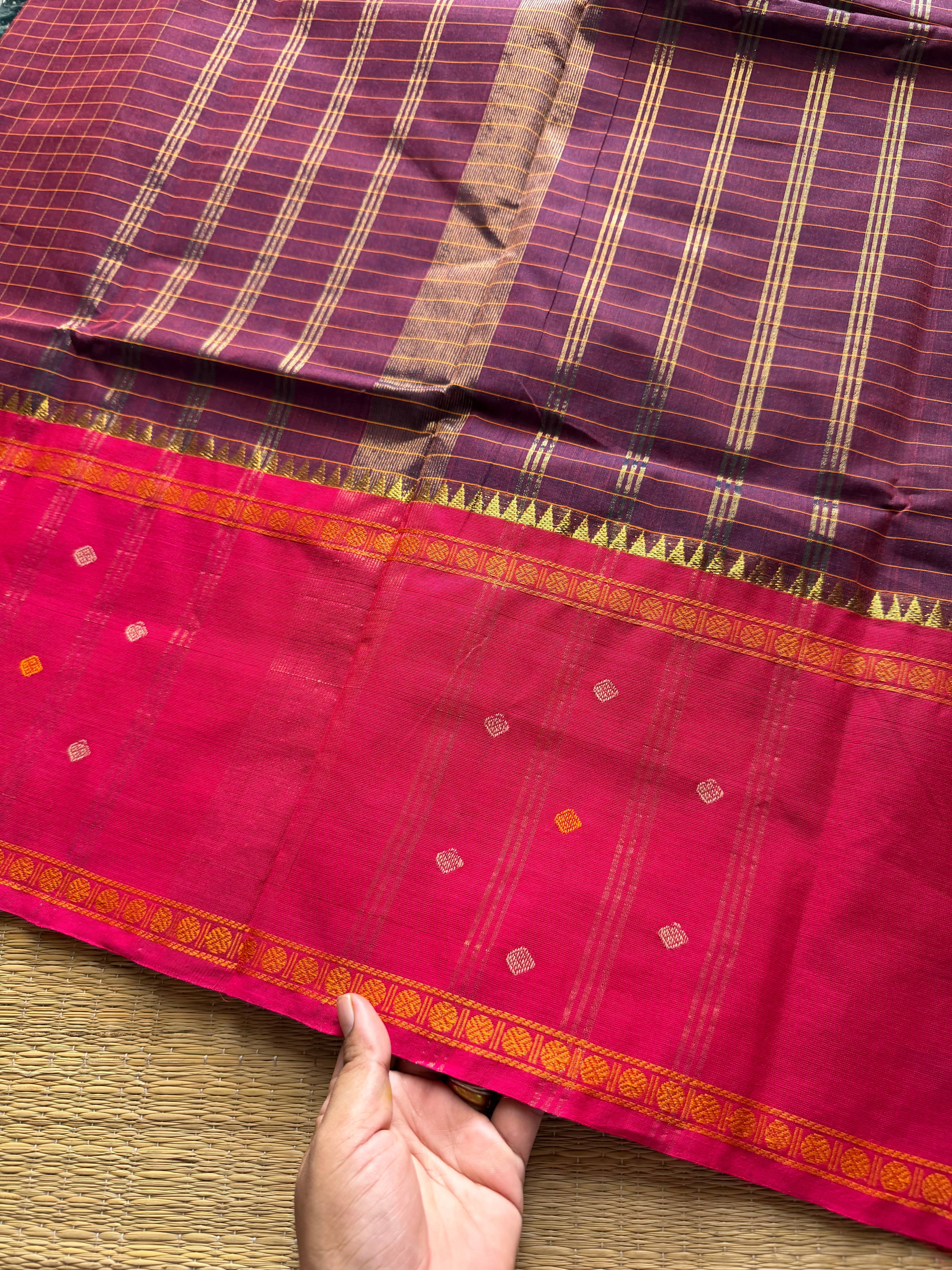 Maroon shade Vintage Border Kanchi Cotton Saree With kattam / checks pattern & handwoven Buttas on the border