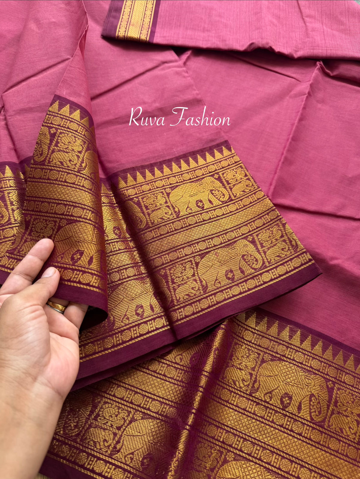 RF130 Dark Mauve Pink Shade Kanchi Cotton Saree With Contrast Maroon Zari rettapet Border