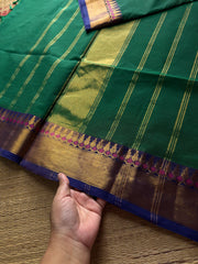 RF562 Dark Peacock green shade Kanchi cotton saree with contrast Zari border