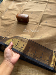 RF45 Biscuit & Grey dual tone shade with black combination paithani border Kanchi cotton saree with handmade thread buttas