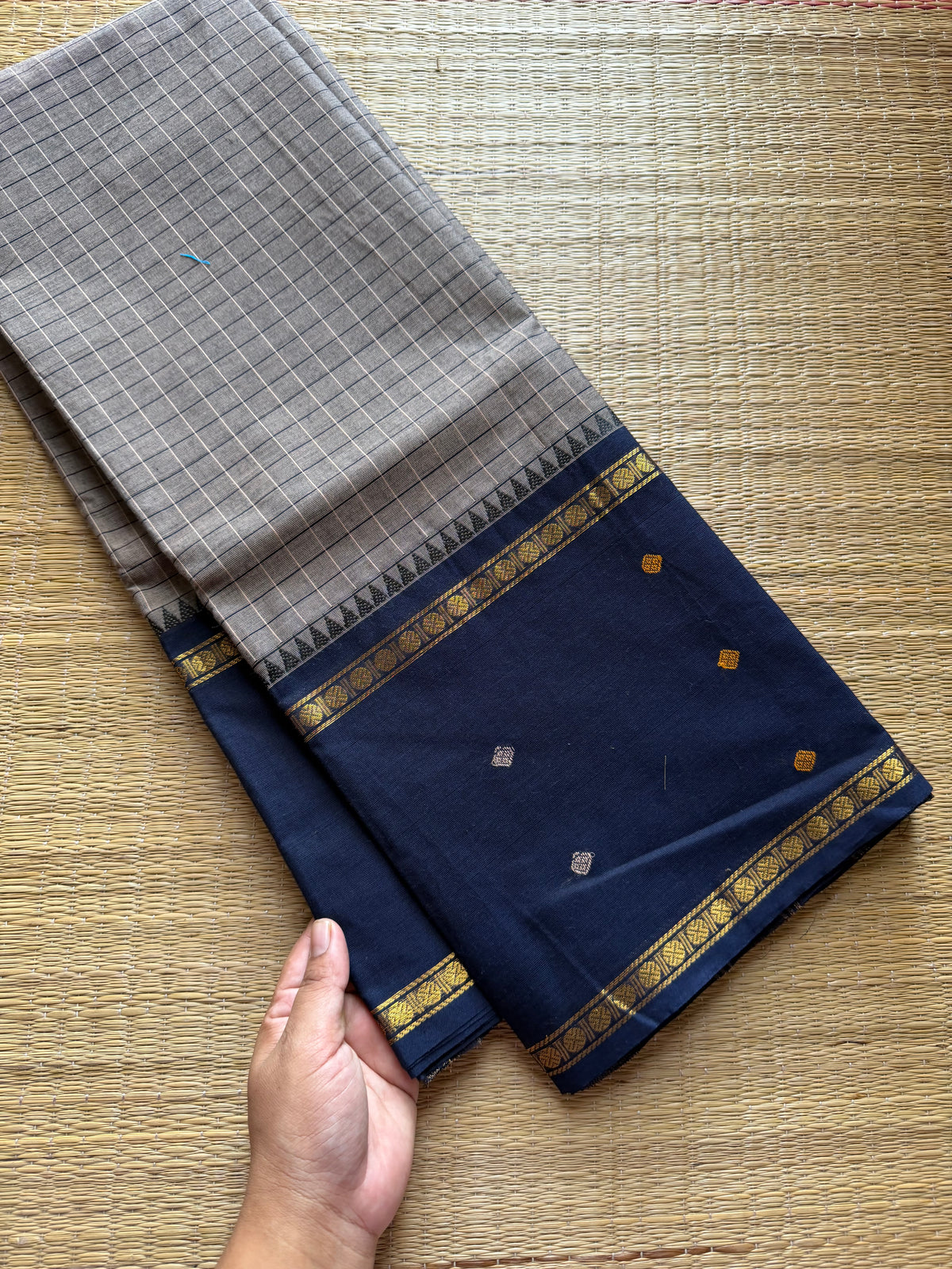 Grey with navy blue combination Vintage Border Kanchi Cotton Saree With kattam / checks pattern & handwoven Buttas on the border