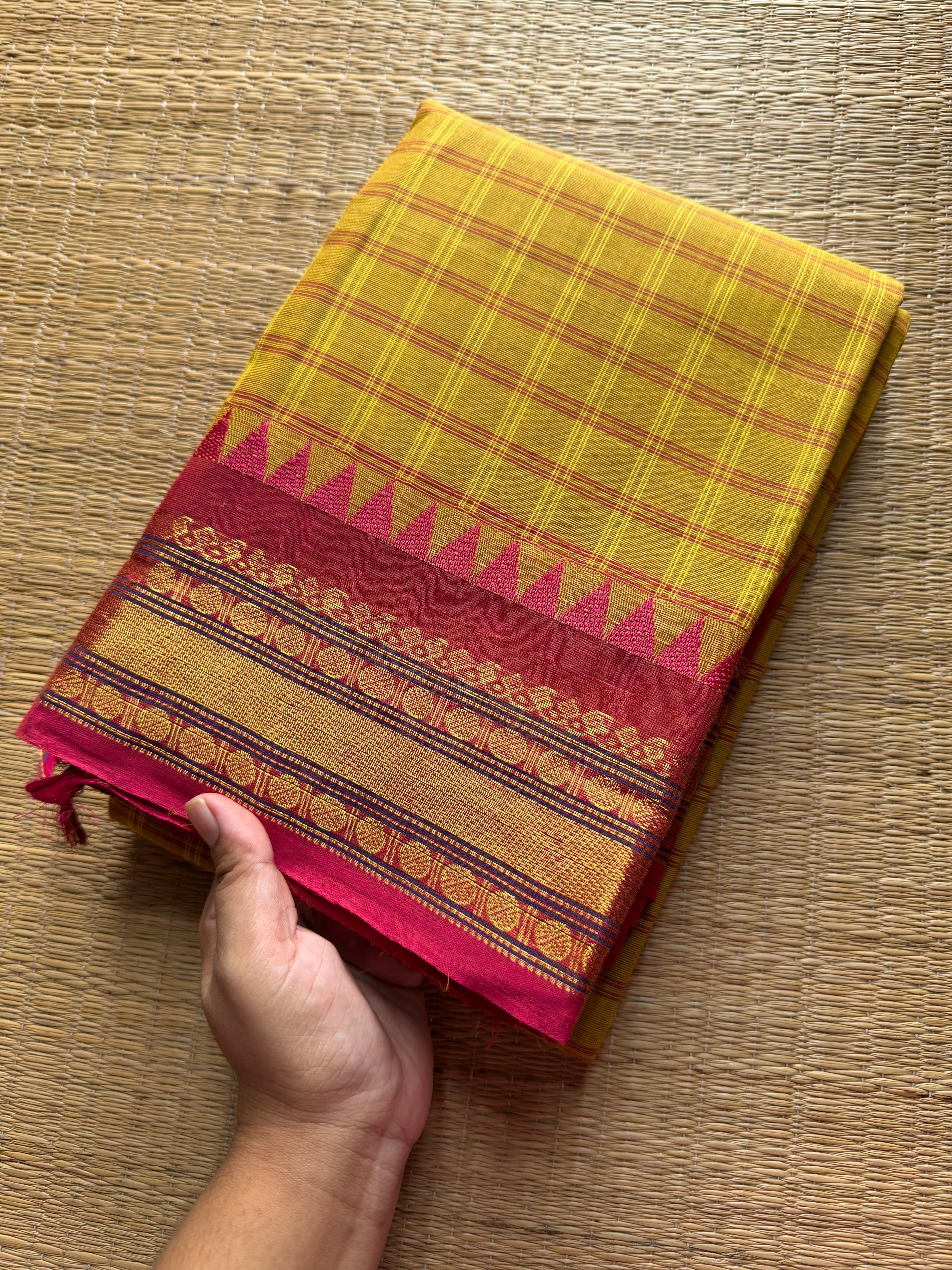 RF365 Yellow with pinkish peach combination Kattam / checks pattern Kanchi cotton saree