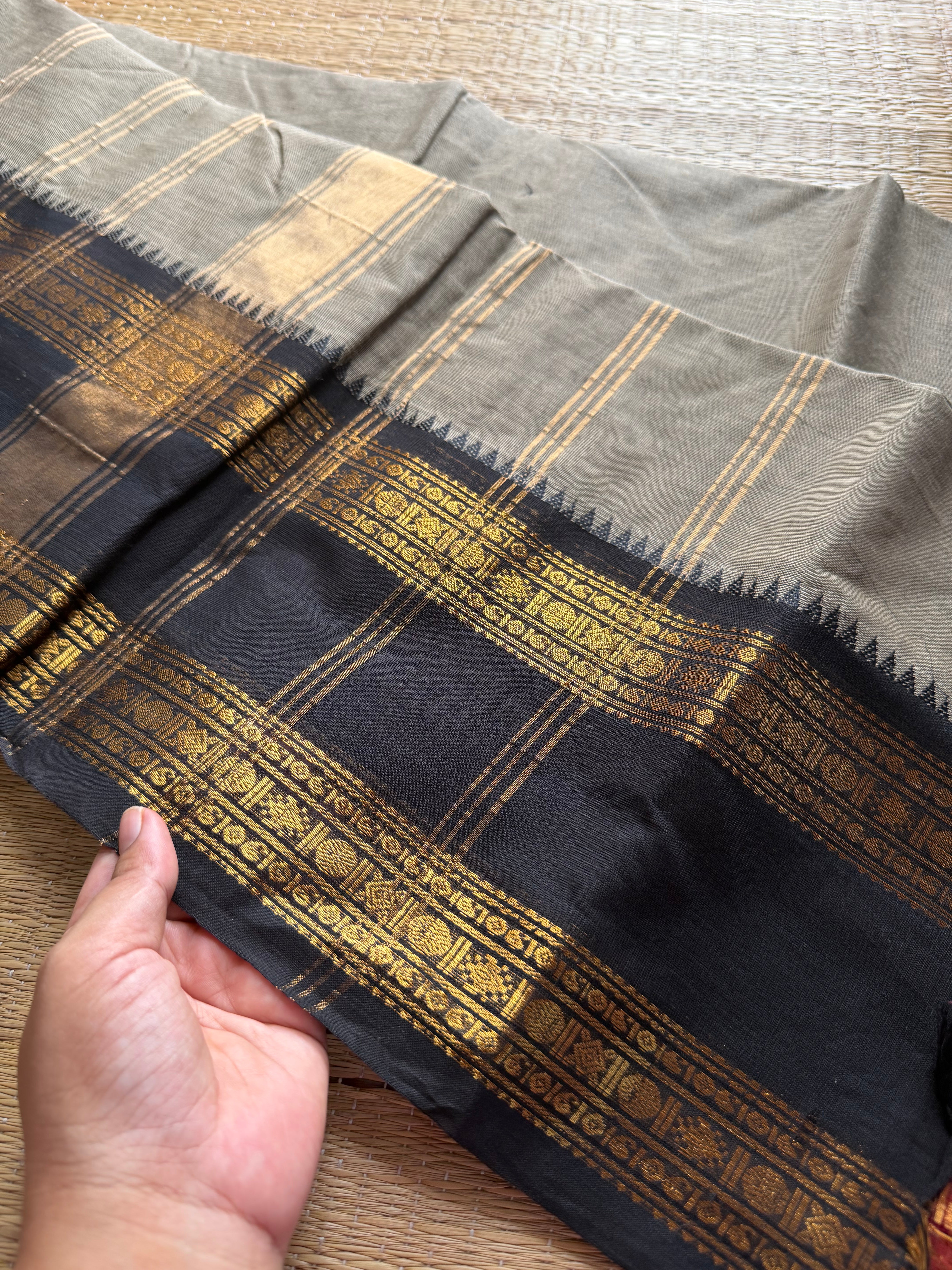 RF273 Grey shade Kanchi cotton saree with Ganga Jamuna border
