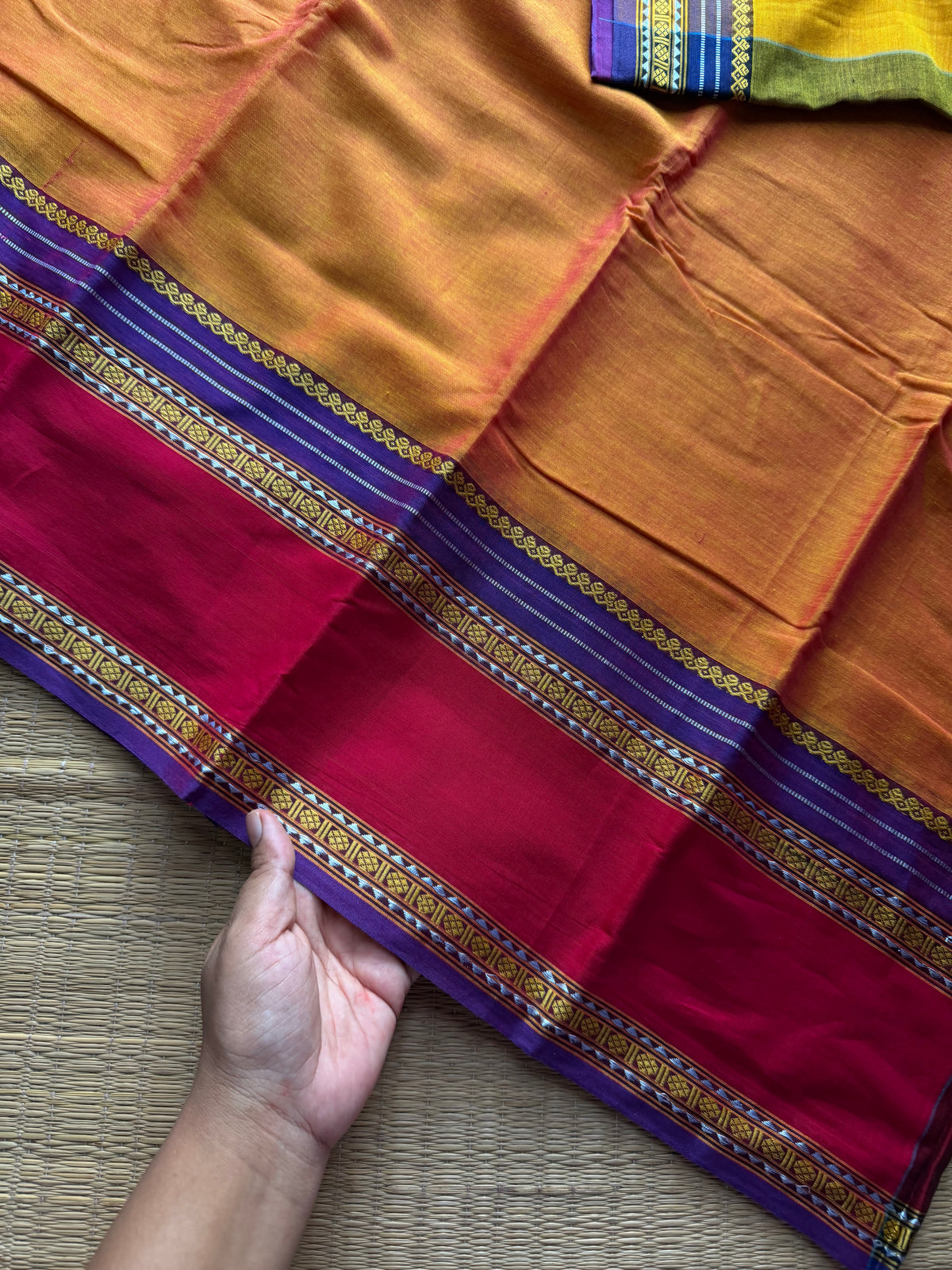 RF1094 Dark Mango shade ~ vintage style gap border mercerised Narayanpet cotton saree