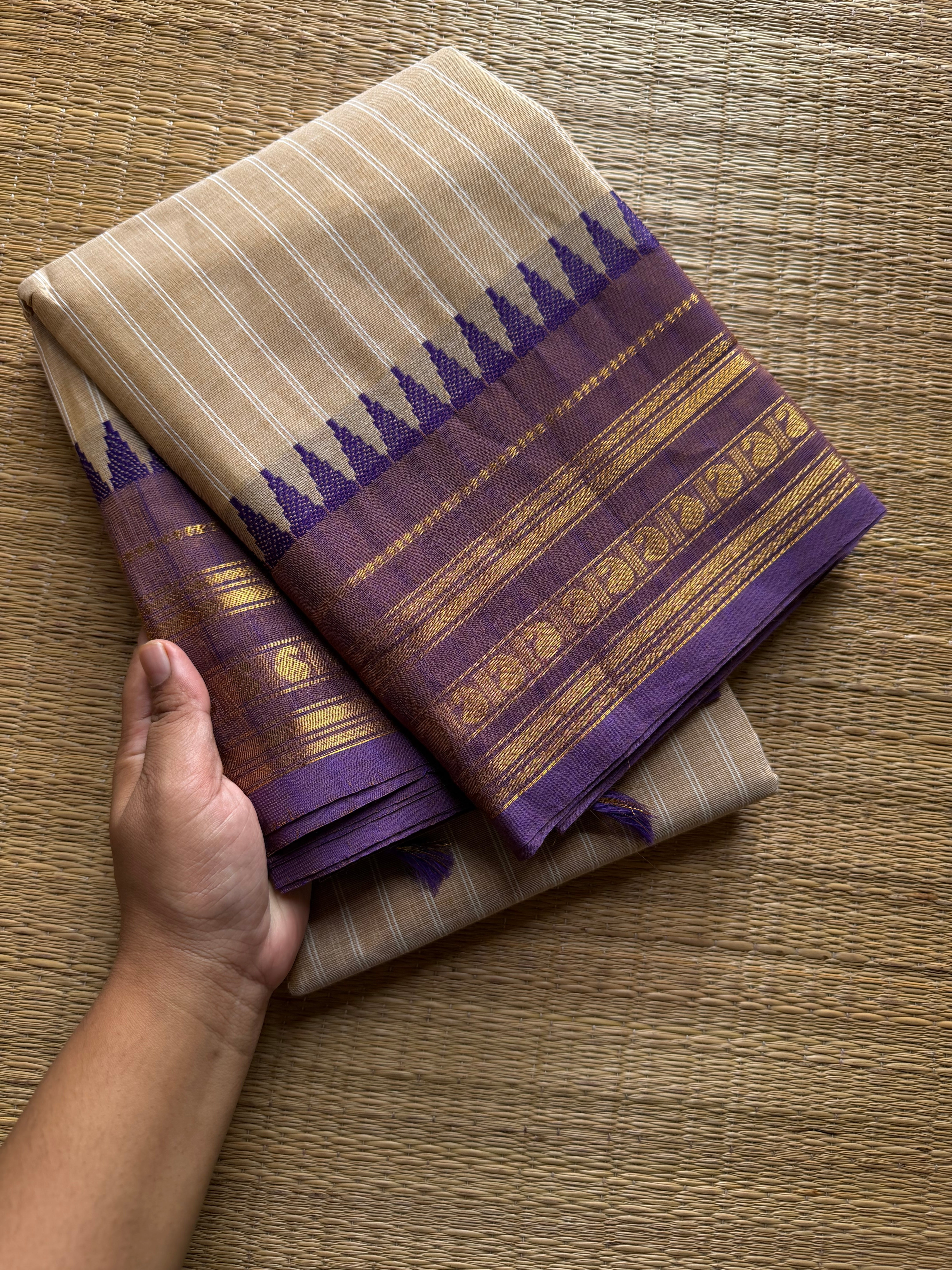 RF1351 Pastel Edition ~ Cream with light purple shade combination Kanchi cotton saree with stripped pattern