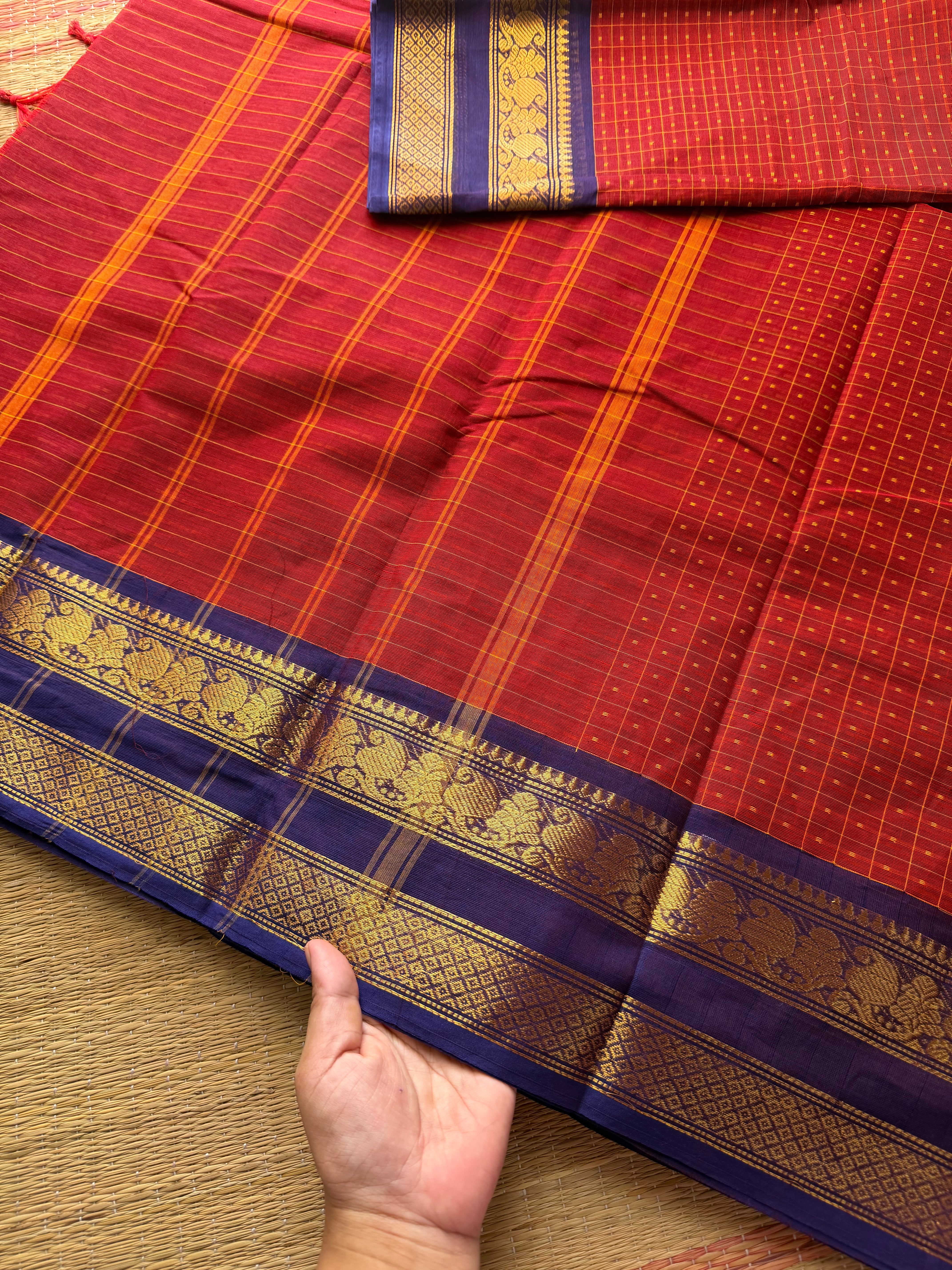 RF423 Rusty Red with deep royal blue combination Lakshadeepam / 1000 Buttas checks / Kattam pattern Kanchi cotton saree
