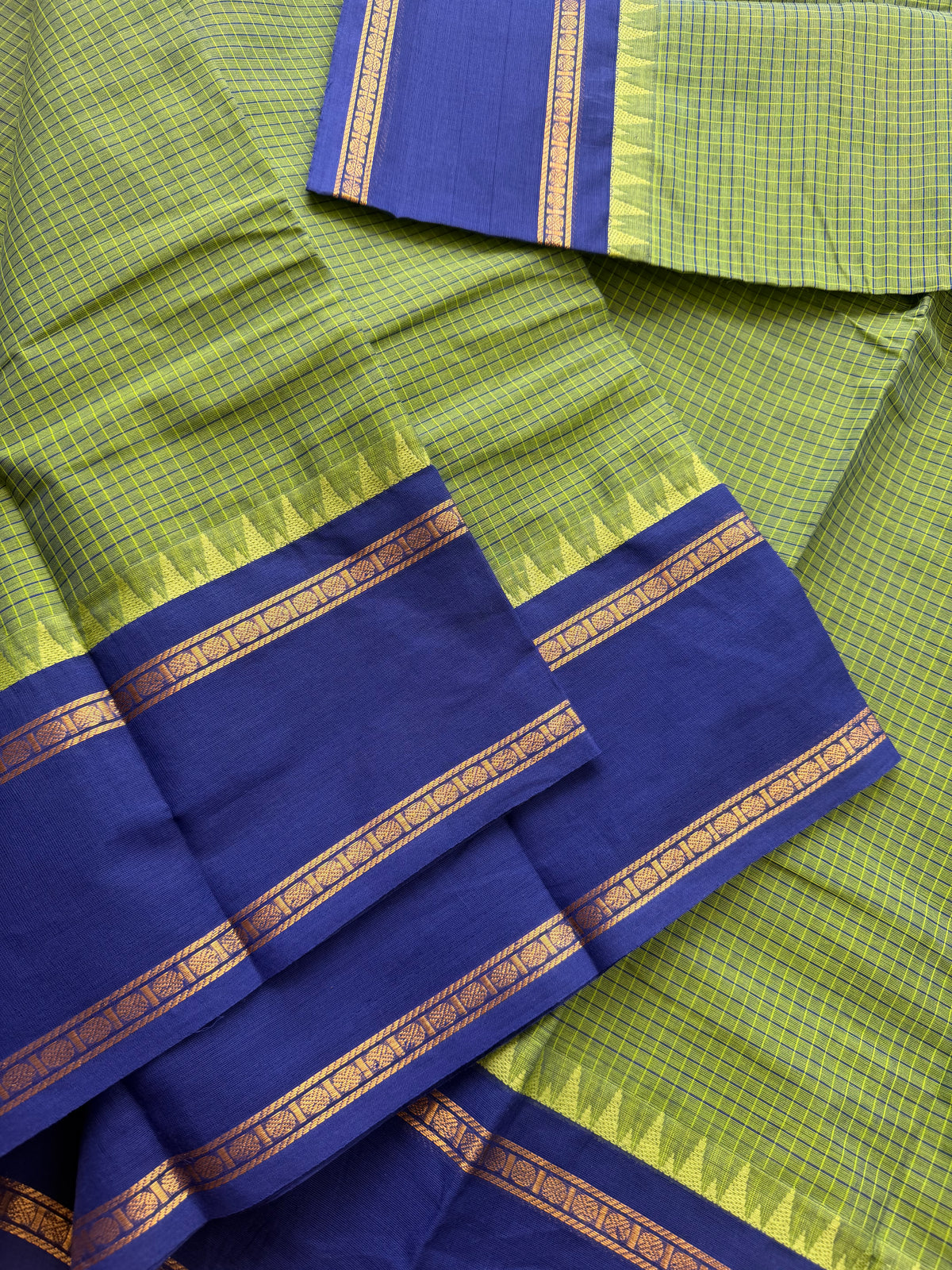 RF150 Green with contrast royal blue shade vintage Podi Kattam / small checks pattern Kanchi cotton saree