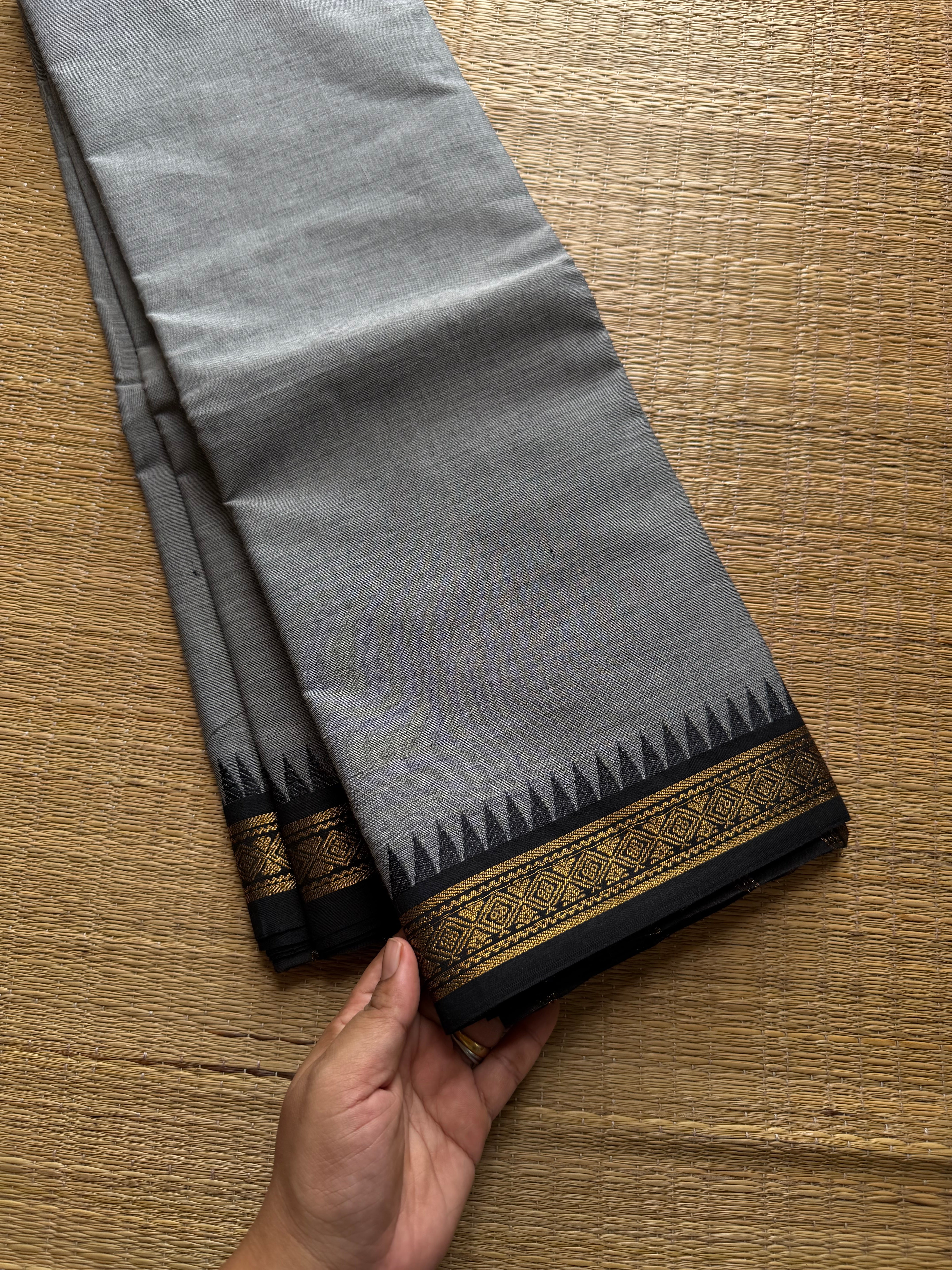 Grey with black combination small border Kanchi cotton saree
