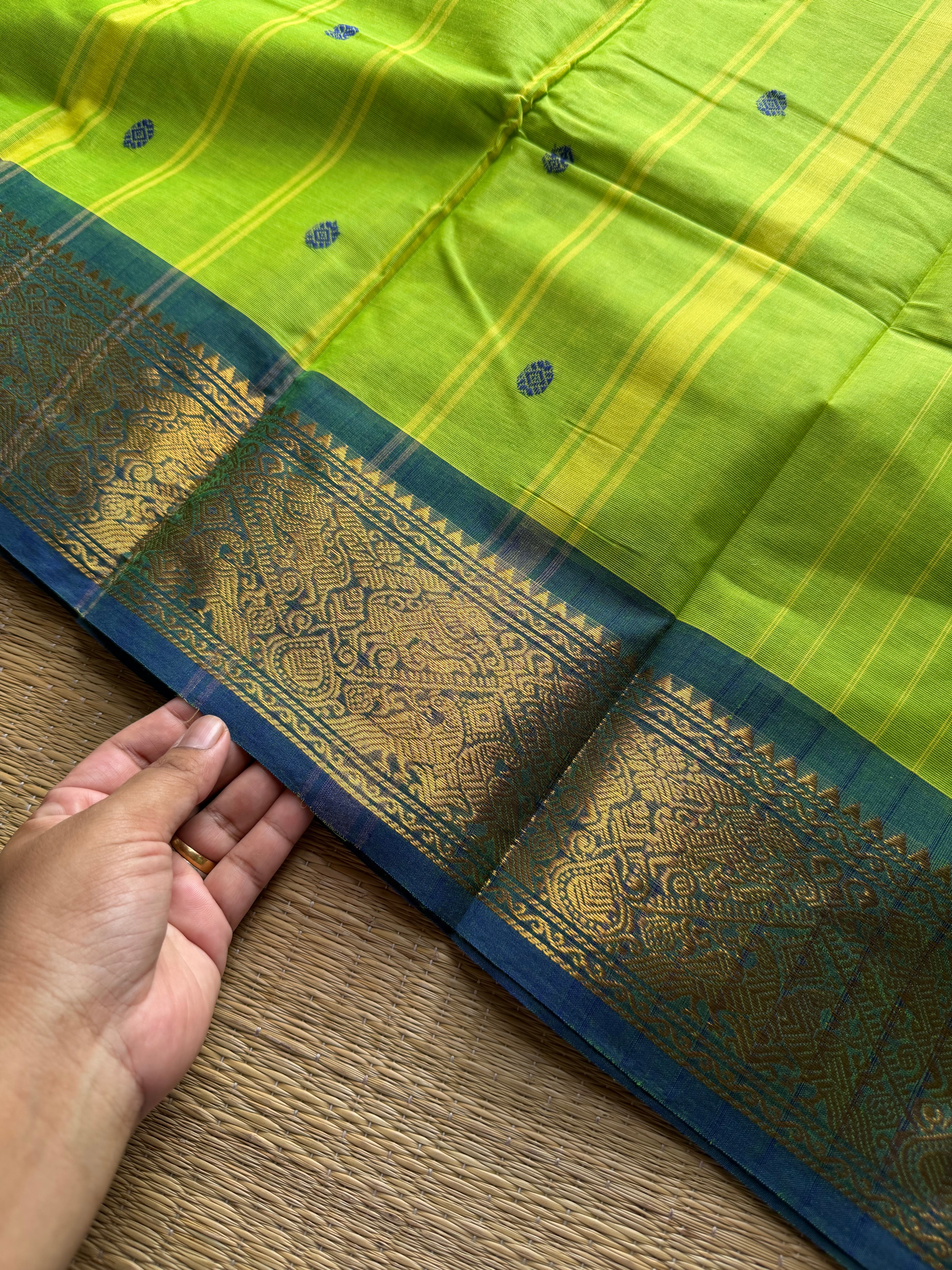 RF1012 Green ~ Vanasingaram border Kanchi cotton saree with handmade thread buttas and vertical stripped lines