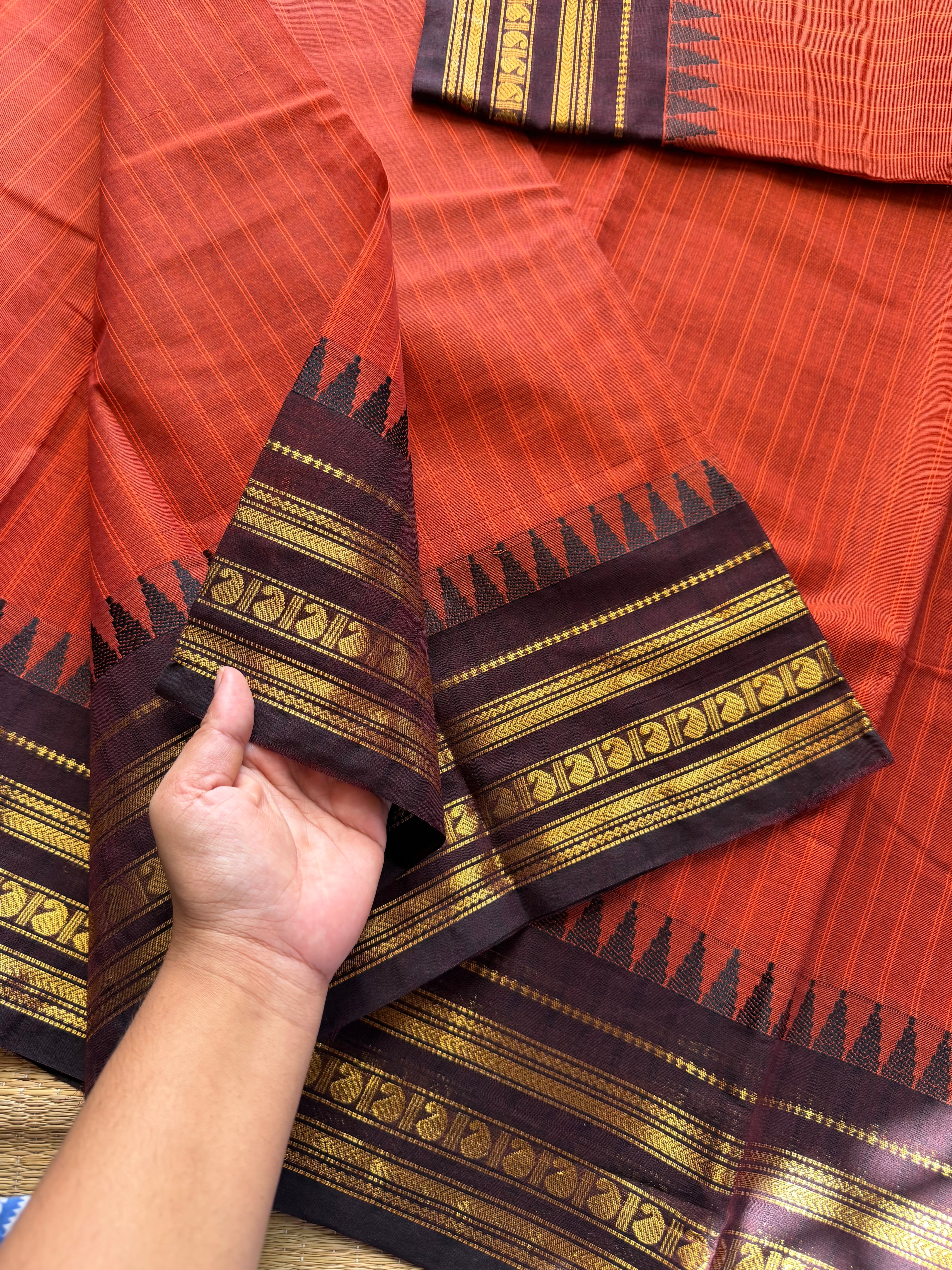 RF348 Rust Orange With Contrast Brown Kanchi Cotton Saree with vertical stripped pattern & mango Zari border