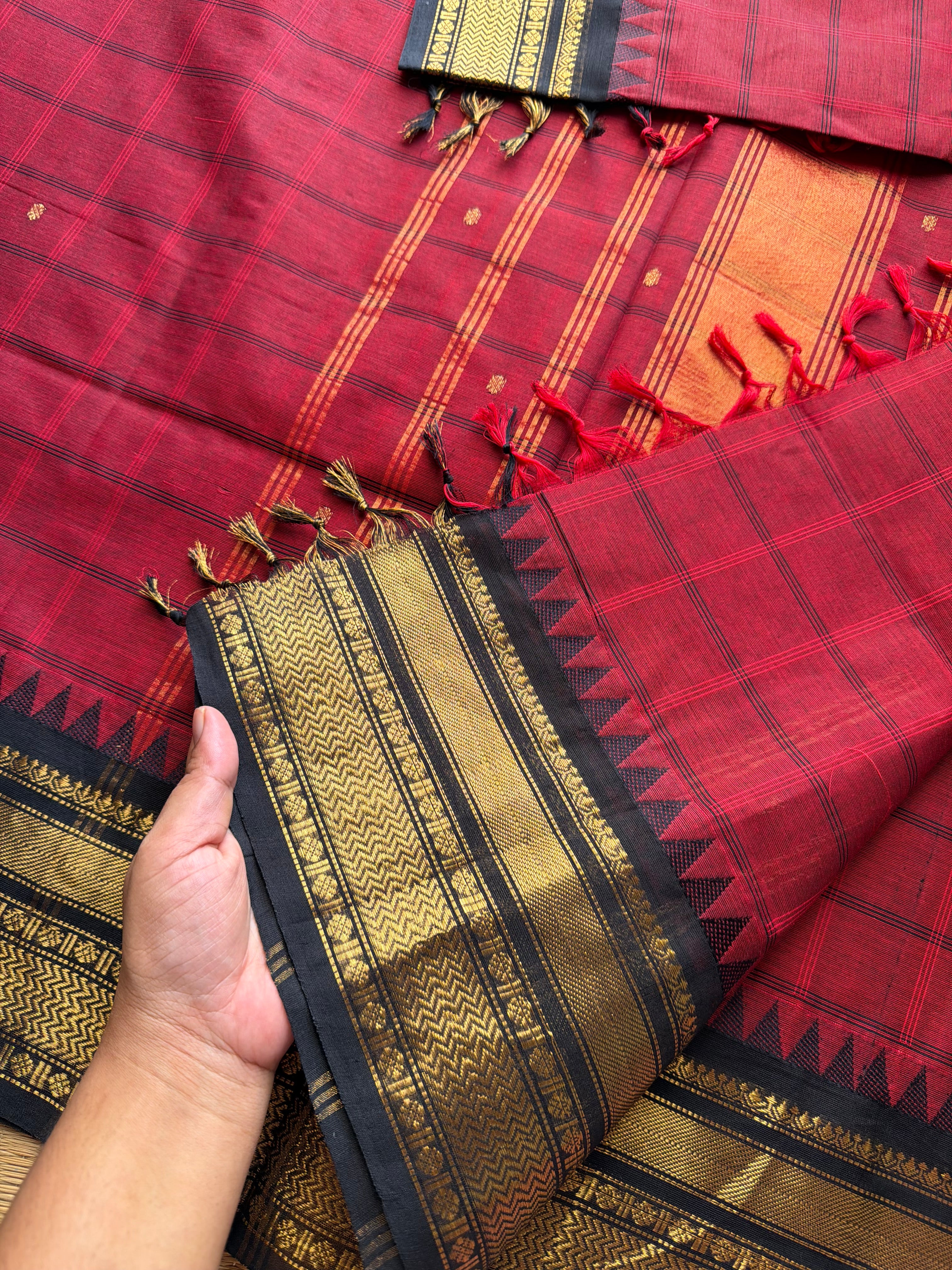 RF624 Kanchi Kattam ~ Reddish maroon shade with black combination Kanchi cotton saree with handmade thread buttas
