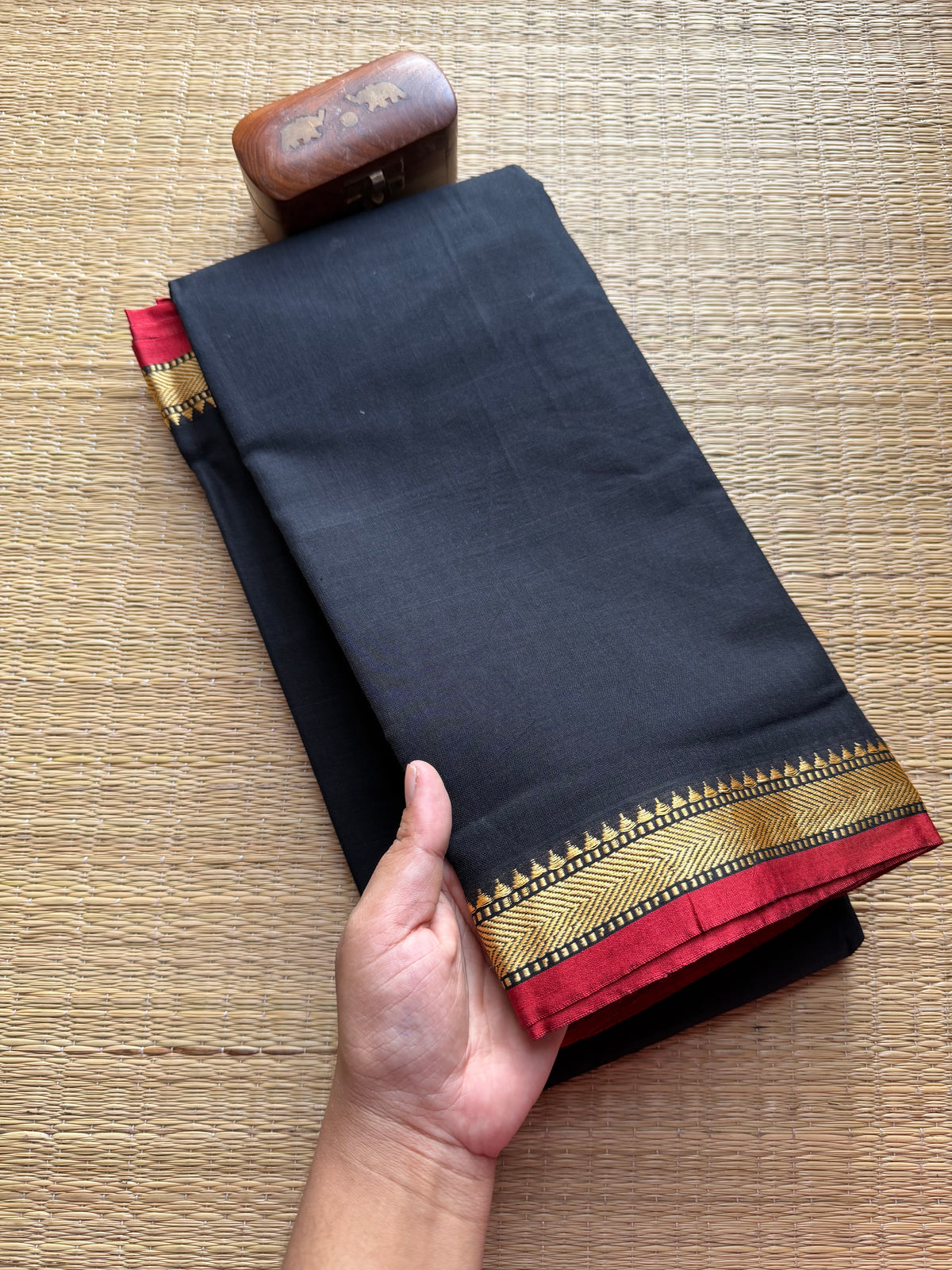 Black With Small Maroon Border Mercerised Narayanpet Cotton Saree