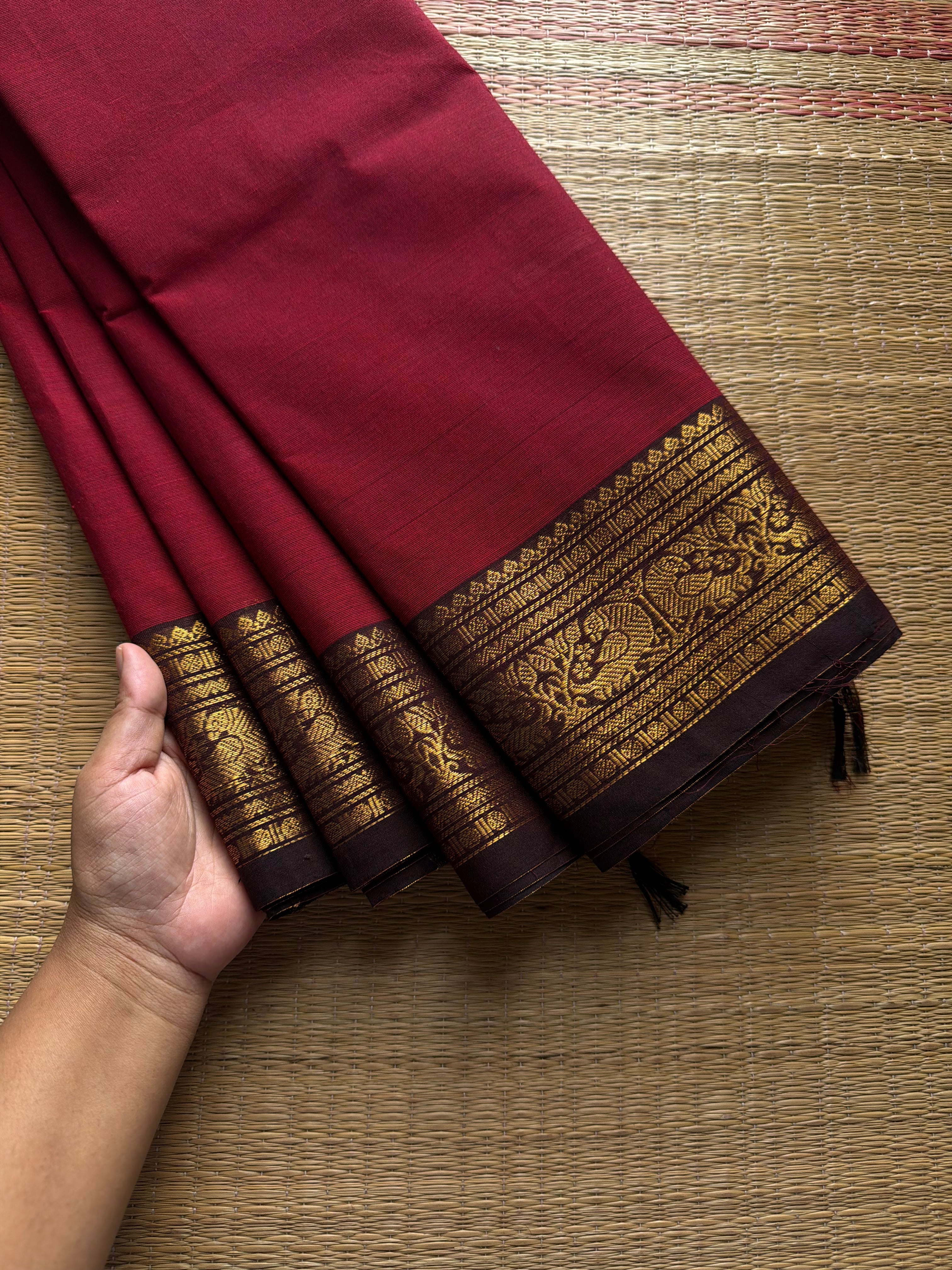RF1029 Reddish maroon with brown combination Kanchi cotton saree