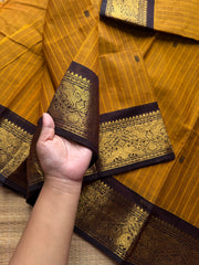 RF1041 Mustard with brown ~ Premium Vanasingaram border Kanchi cotton saree with handmade thread Buttas