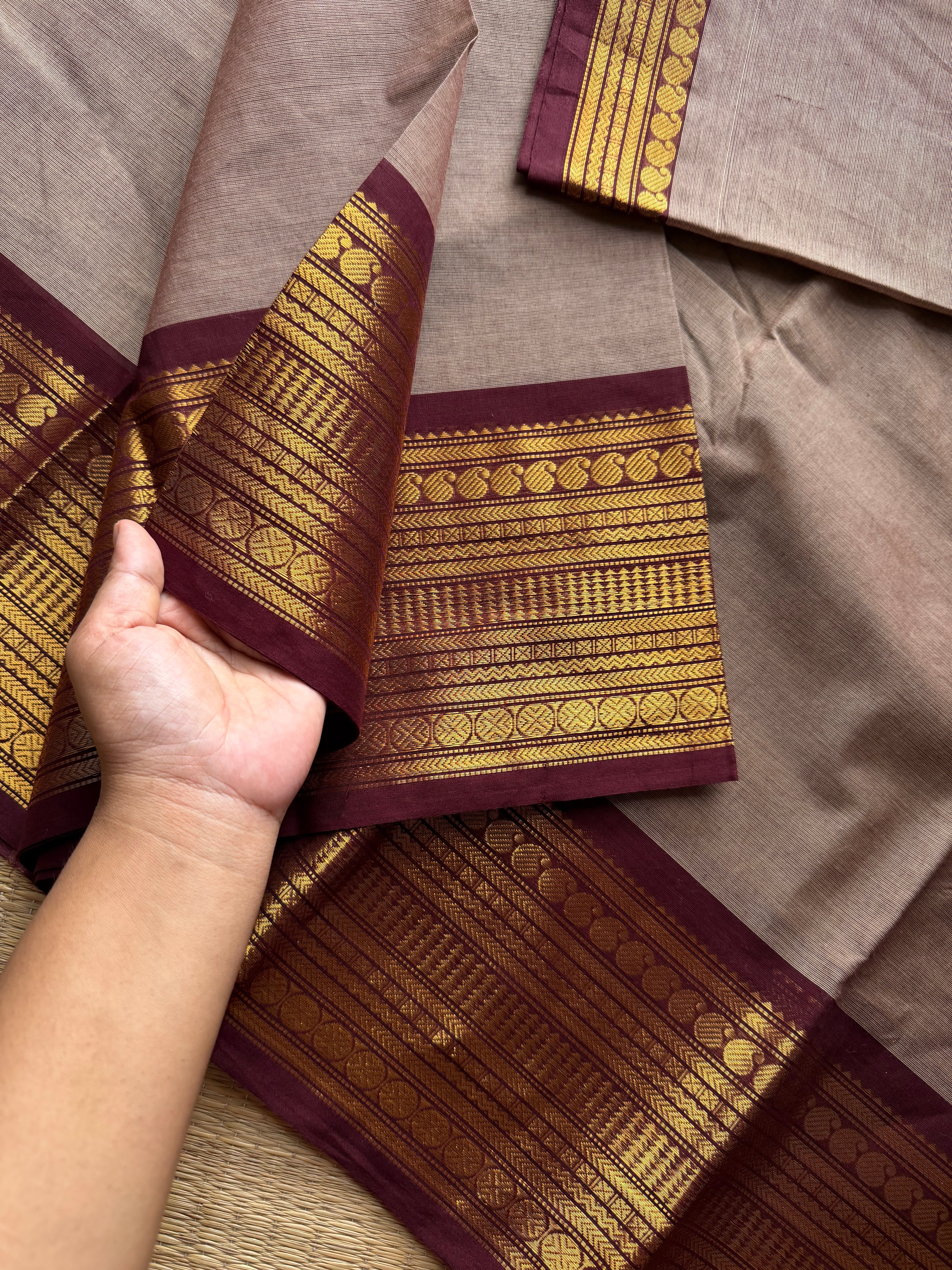 RF1031 Dual tone biscuit shade with brown border Kanchi cotton saree