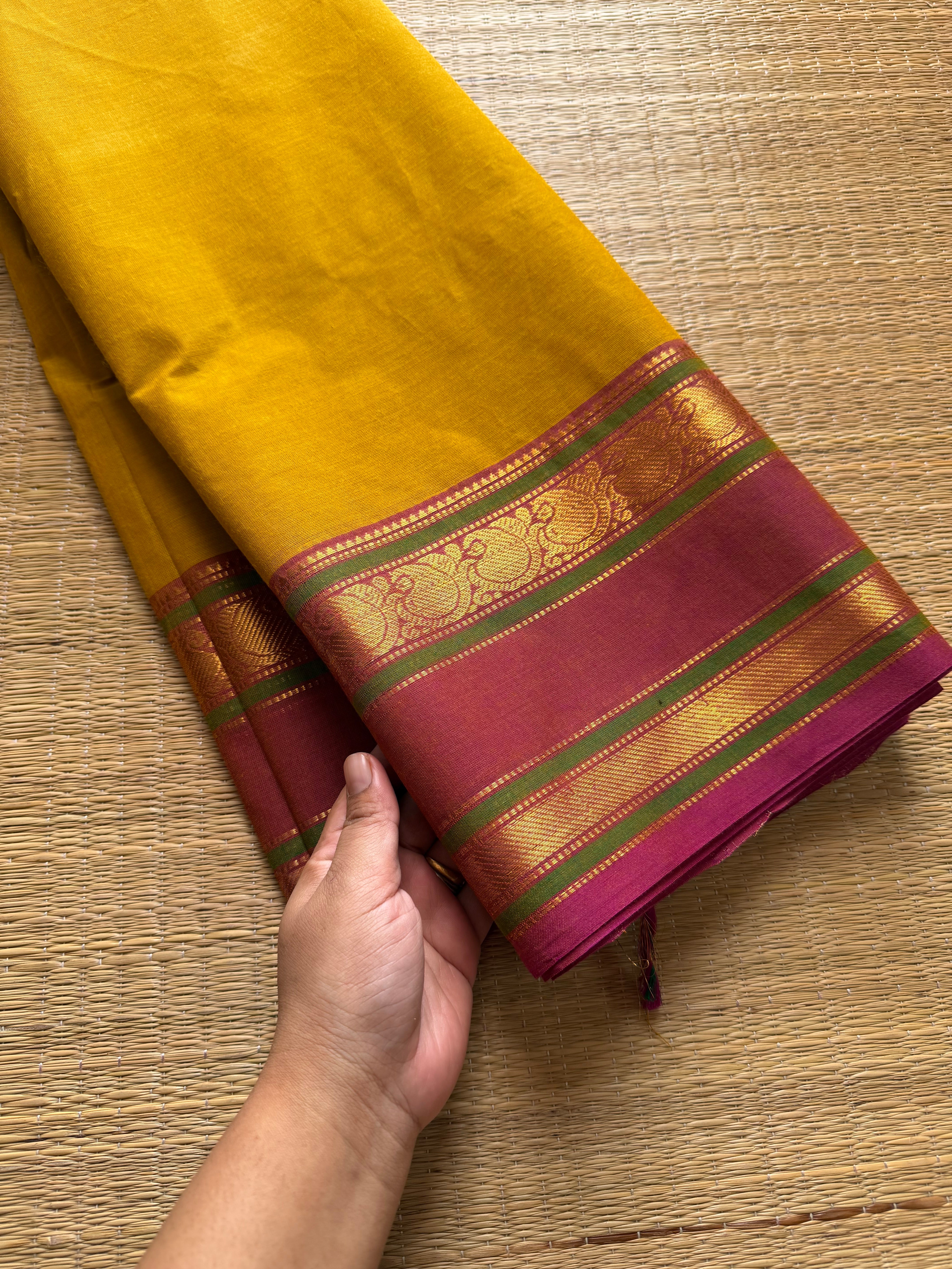 Mustard yellow with pink combination Silk saree inspired Kanchi cotton saree