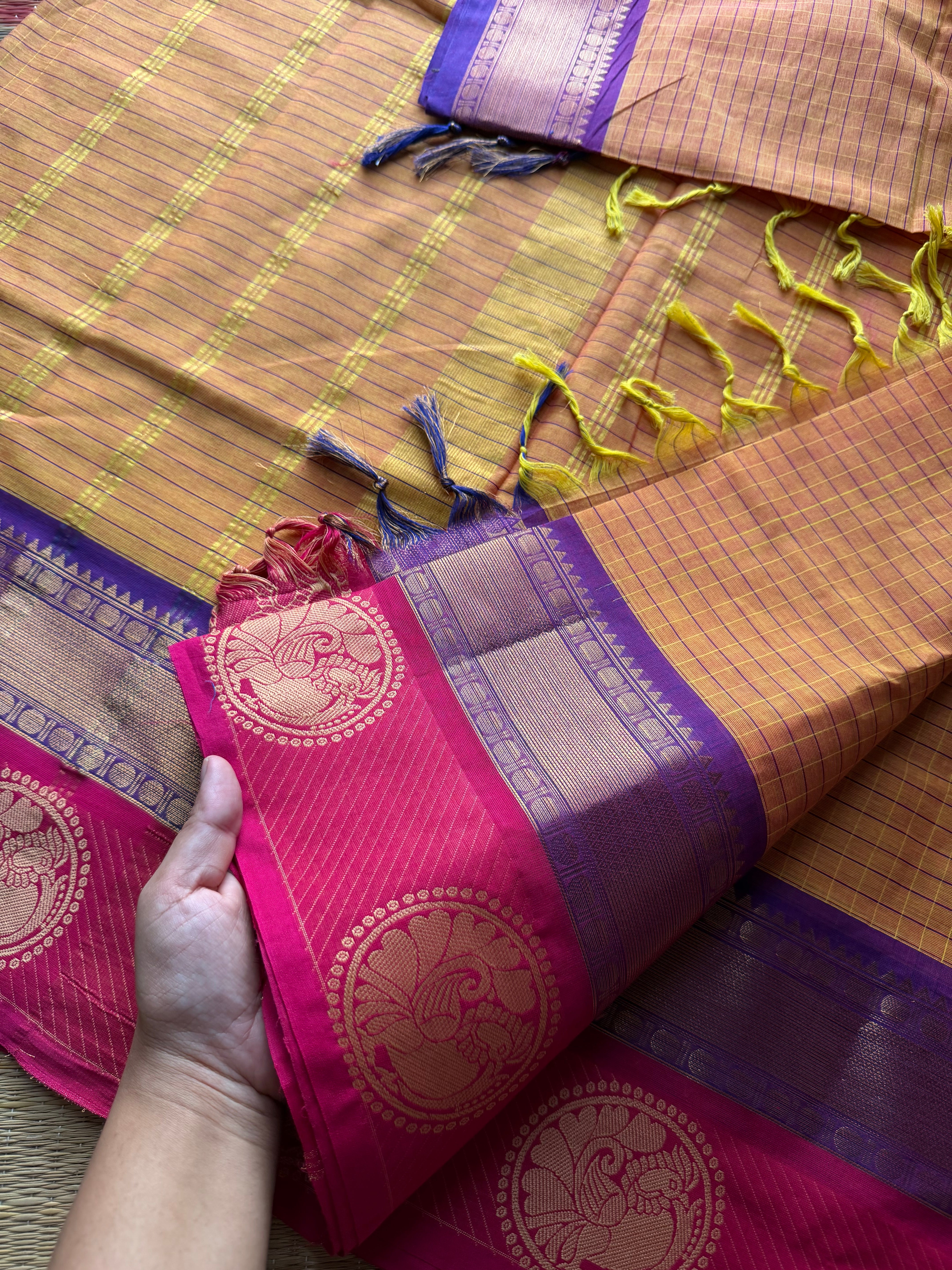 RF477 Mango shade Kattam / checks pattern Kanchi cotton saree with unique Annam pattern border