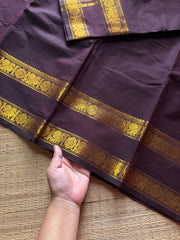 RF466 Monotone dark coffee brown shade Kanchi cotton saree annam pattern gap / Rettapet border