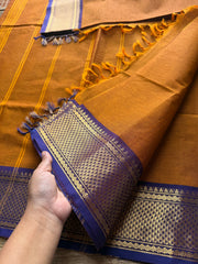 RF96 Mustard Orange Shade With Contrast Purple Korvai Zari Border Kanchi Cotton Saree