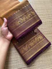 RF291 Dark honey shade with brown combination Kanchi cotton saree with peacock & elephant pattern Zari border