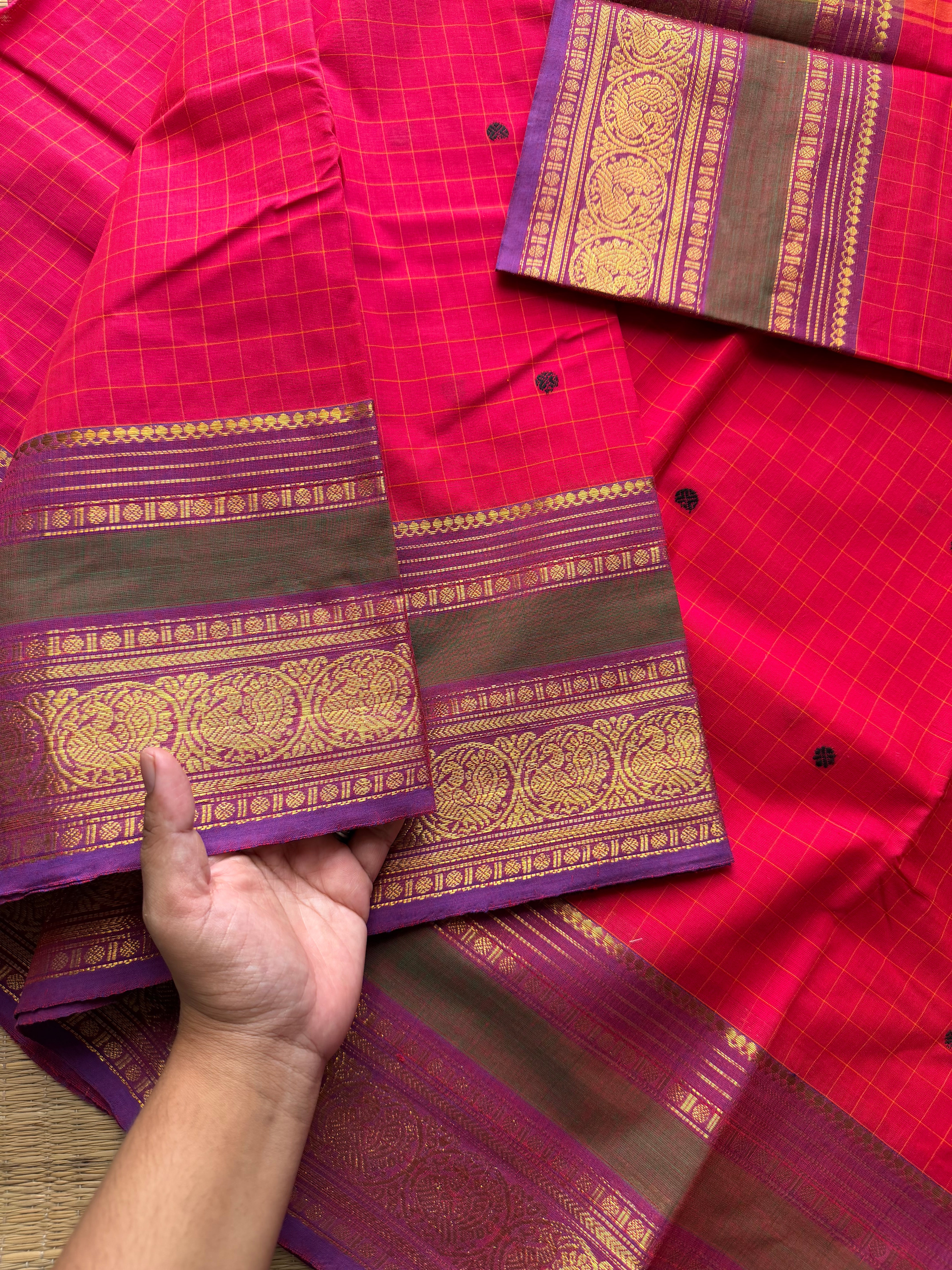 RF719 Kattam edition ~ Rani pink shade Kanchi cotton saree with checks pattern and handmade thread buttas
