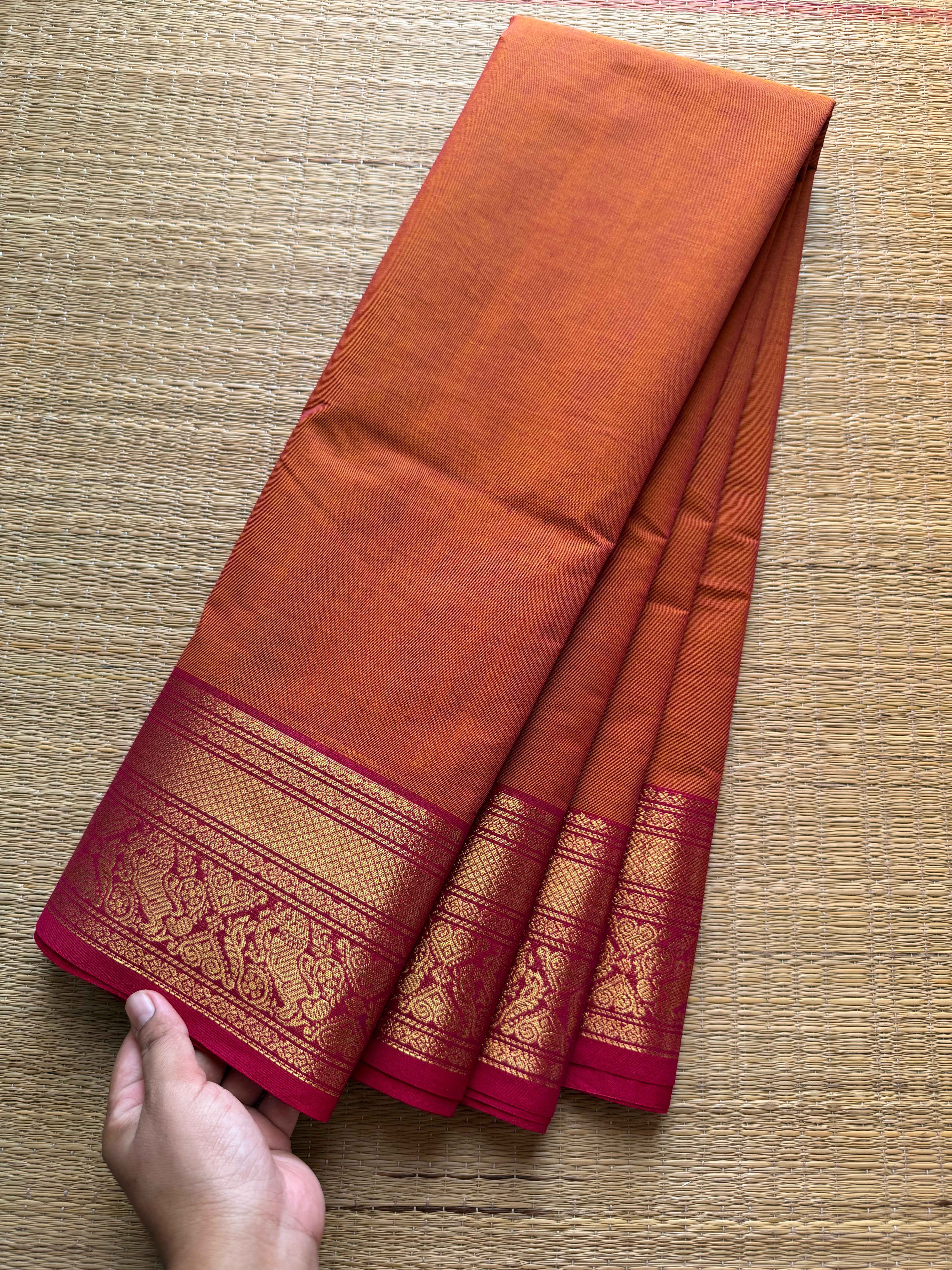 RF327 Dual tone orange shade Kanchi cotton saree with unique Yazhi pattern contrast border