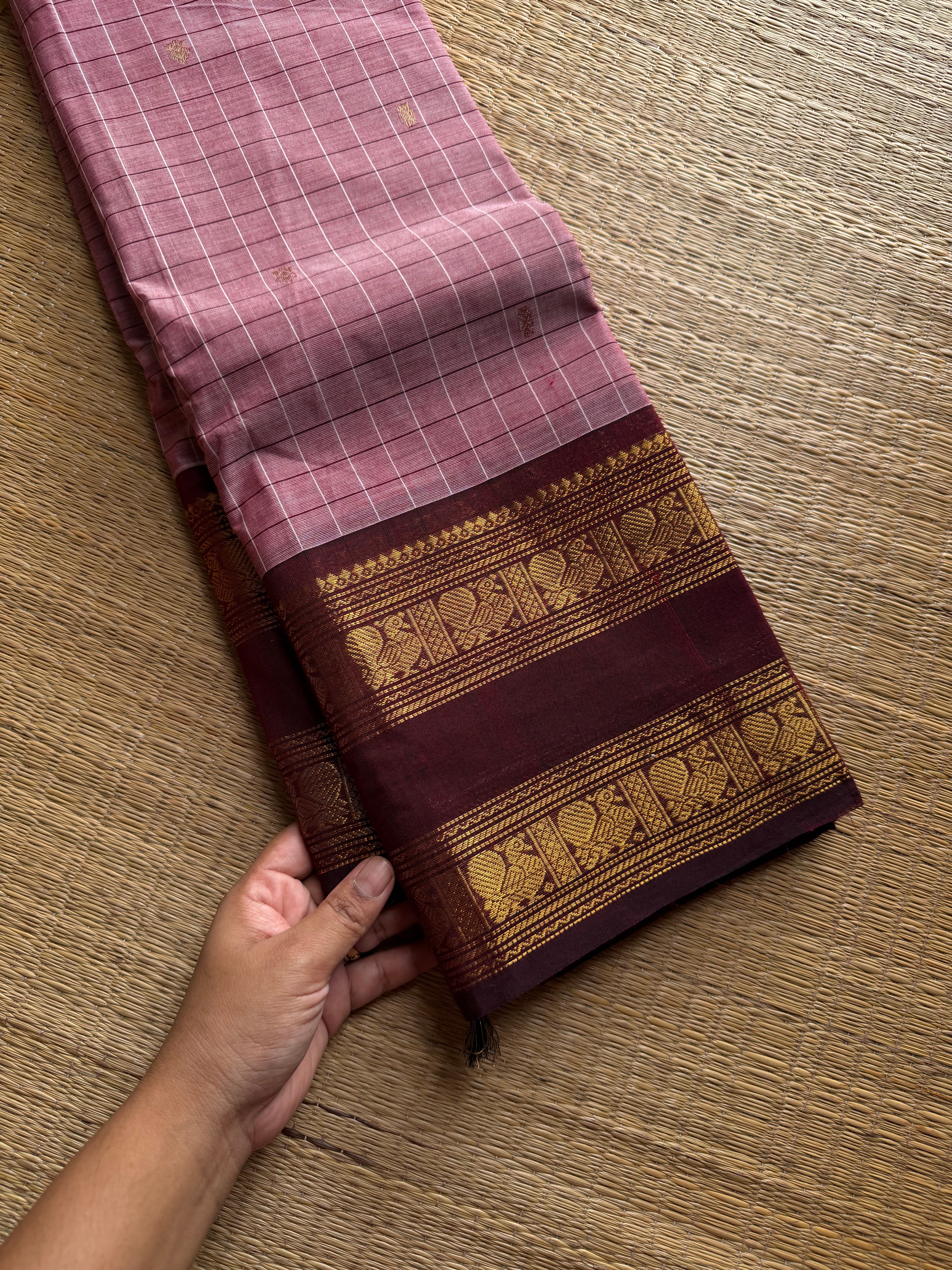 RF1343 Pastel pink shade ~ Kattam edition Kanchi cotton saree with handmade golden Zari buttas