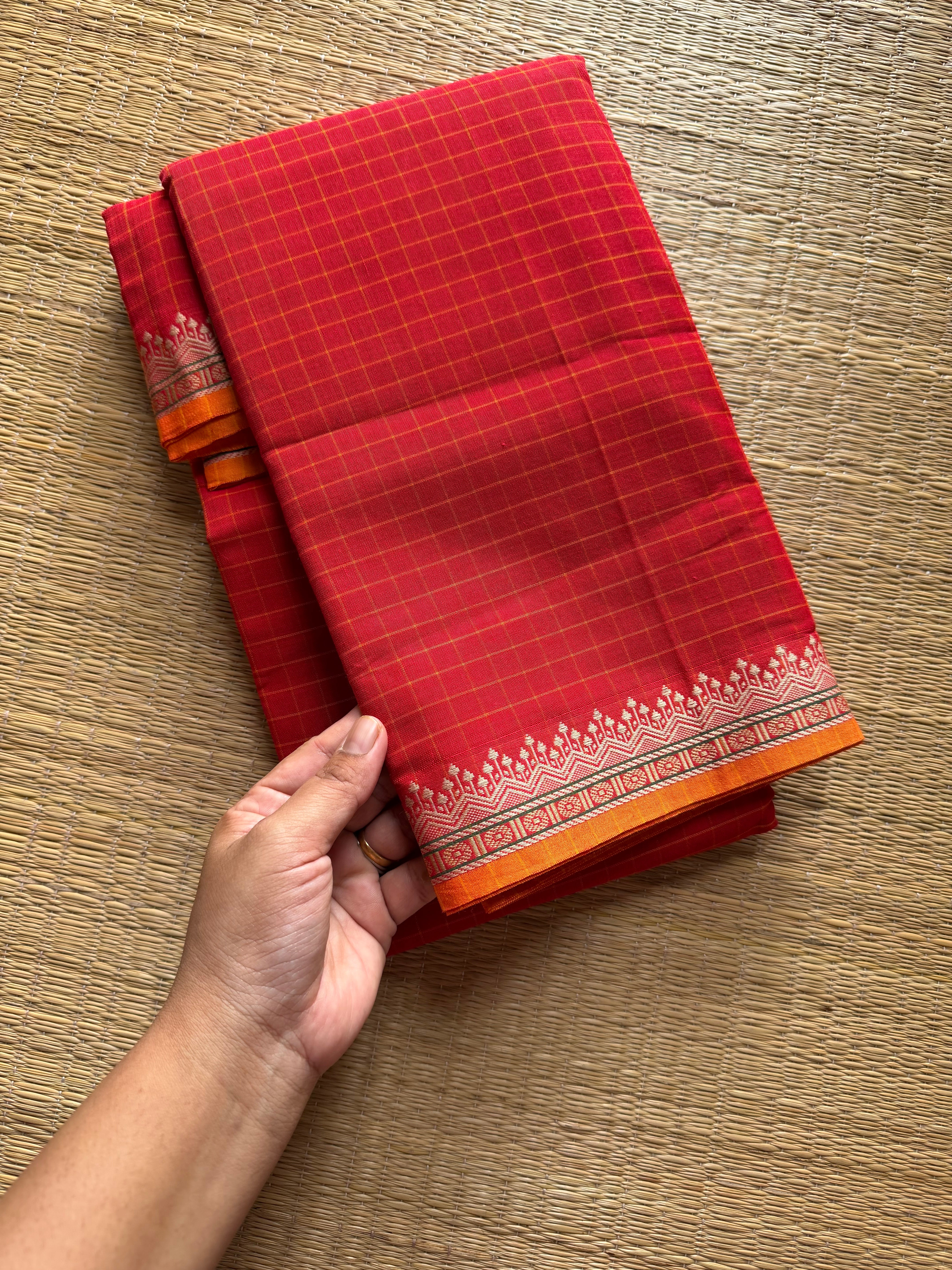 RF523 Red shade Mercerised Narayanpet cotton saree with contrast small border and checks / kattam pattern