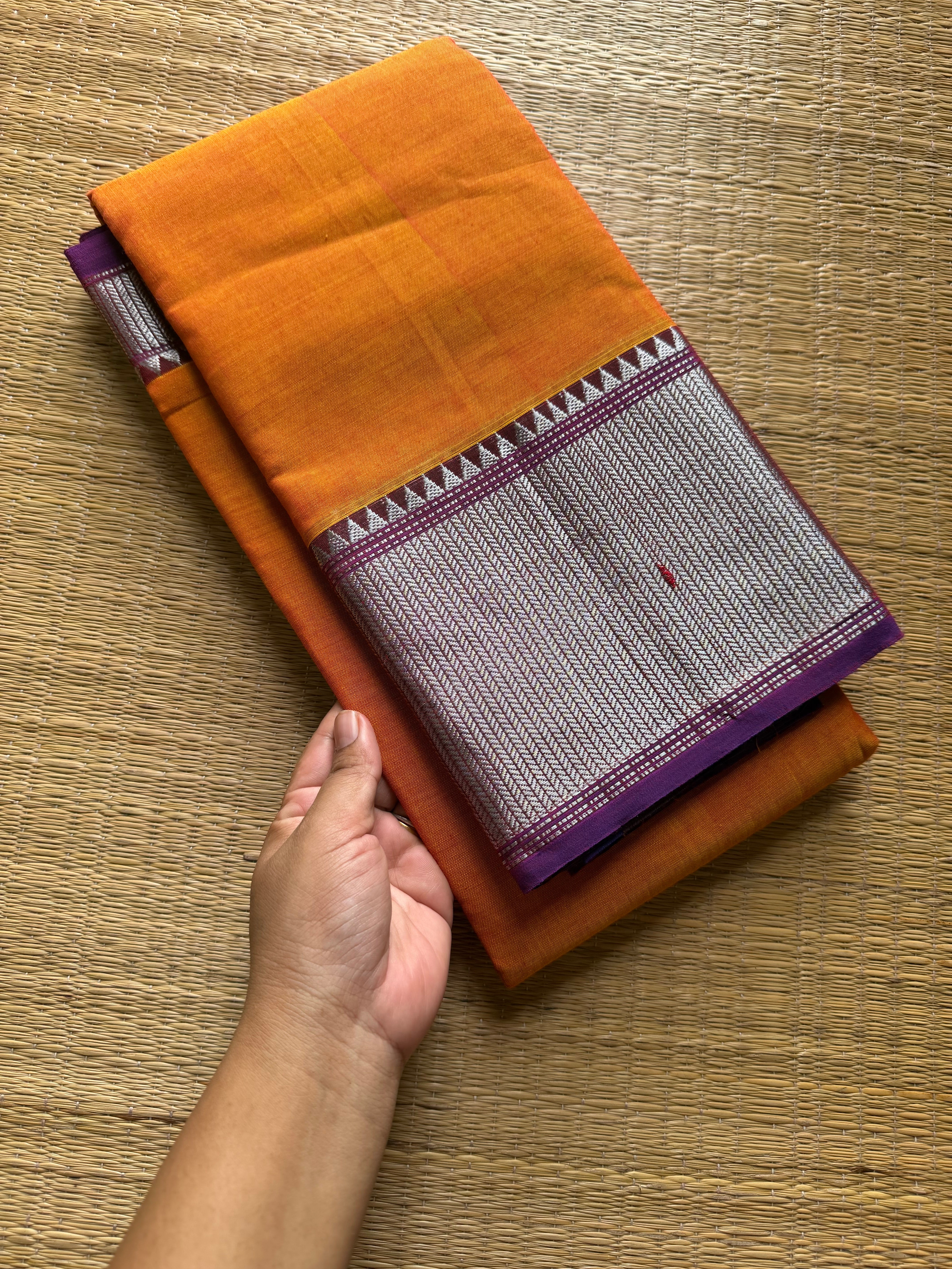 RF836 Silver Zari Mercerised Narayanpet Cotton Saree ~ Orange
