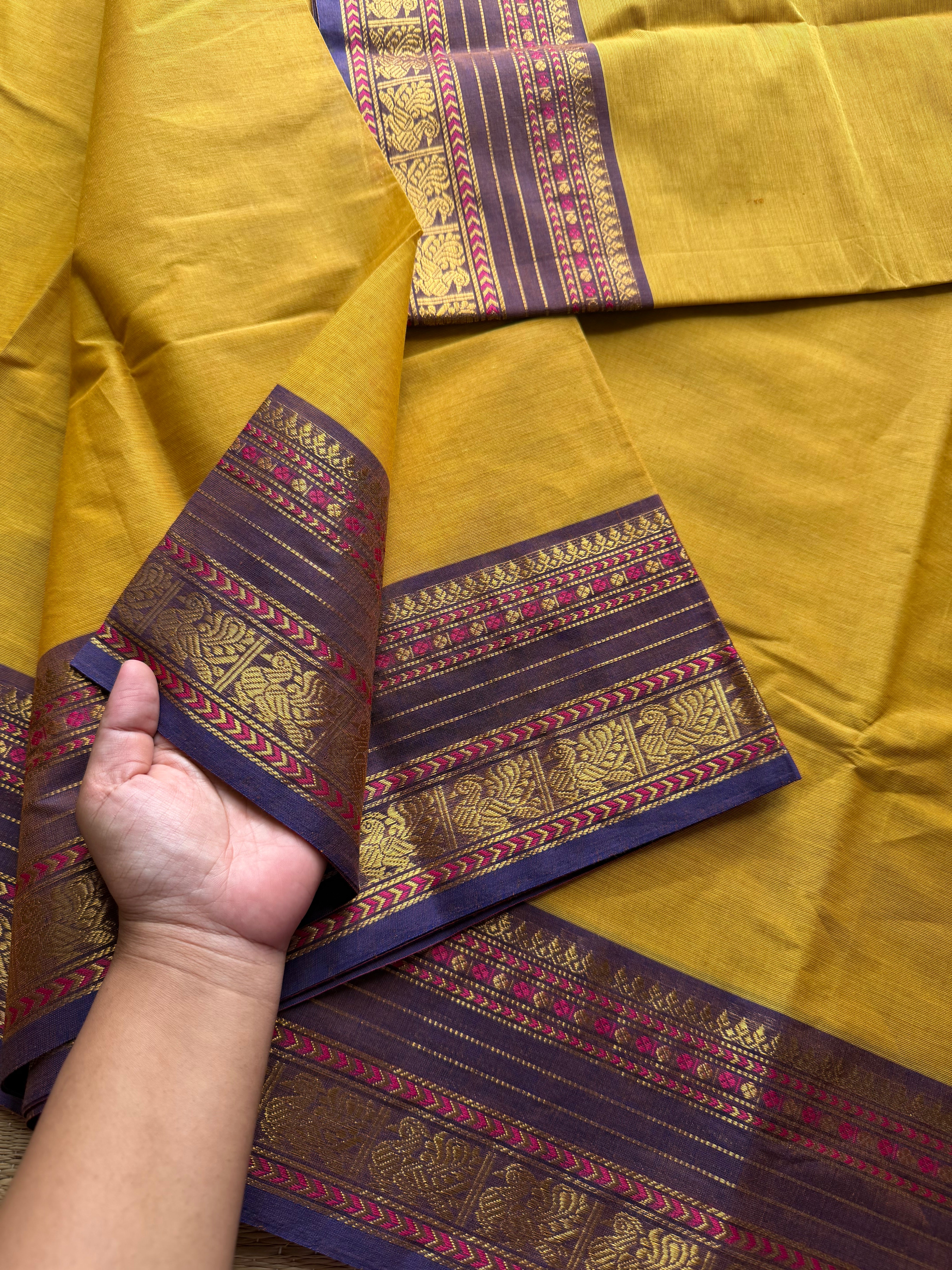 RF410 Mustard yellow shade Kanchi cotton saree with silk saree inspired Kanchi cotton saree