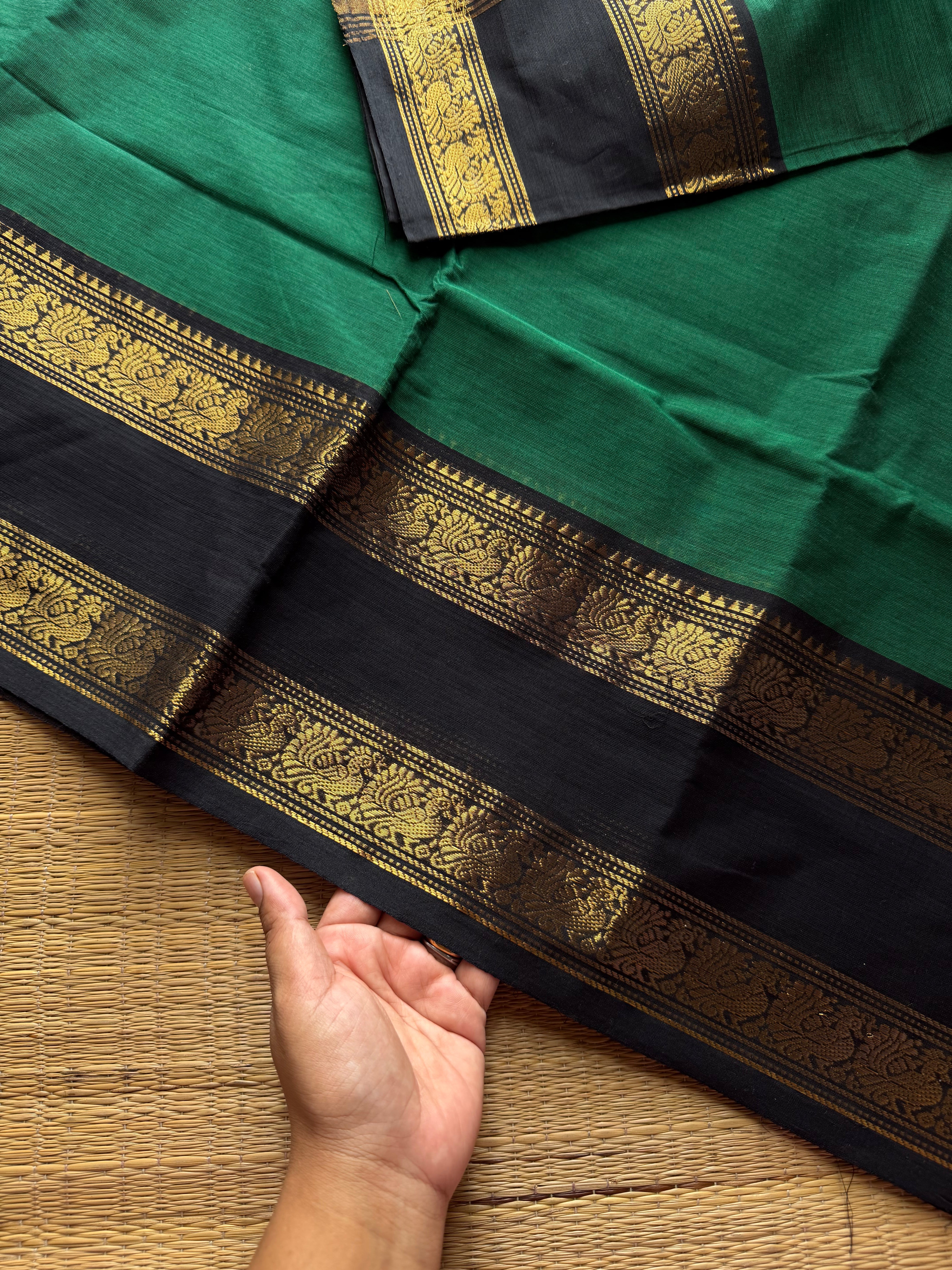 RF1304 Green with black combination Kanchi cotton saree with gap border