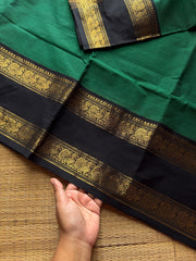 RF1304 Green with black combination Kanchi cotton saree with gap border