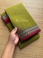 RF122 Green shade Mercerised Narayanpet cotton saree with small contrast border