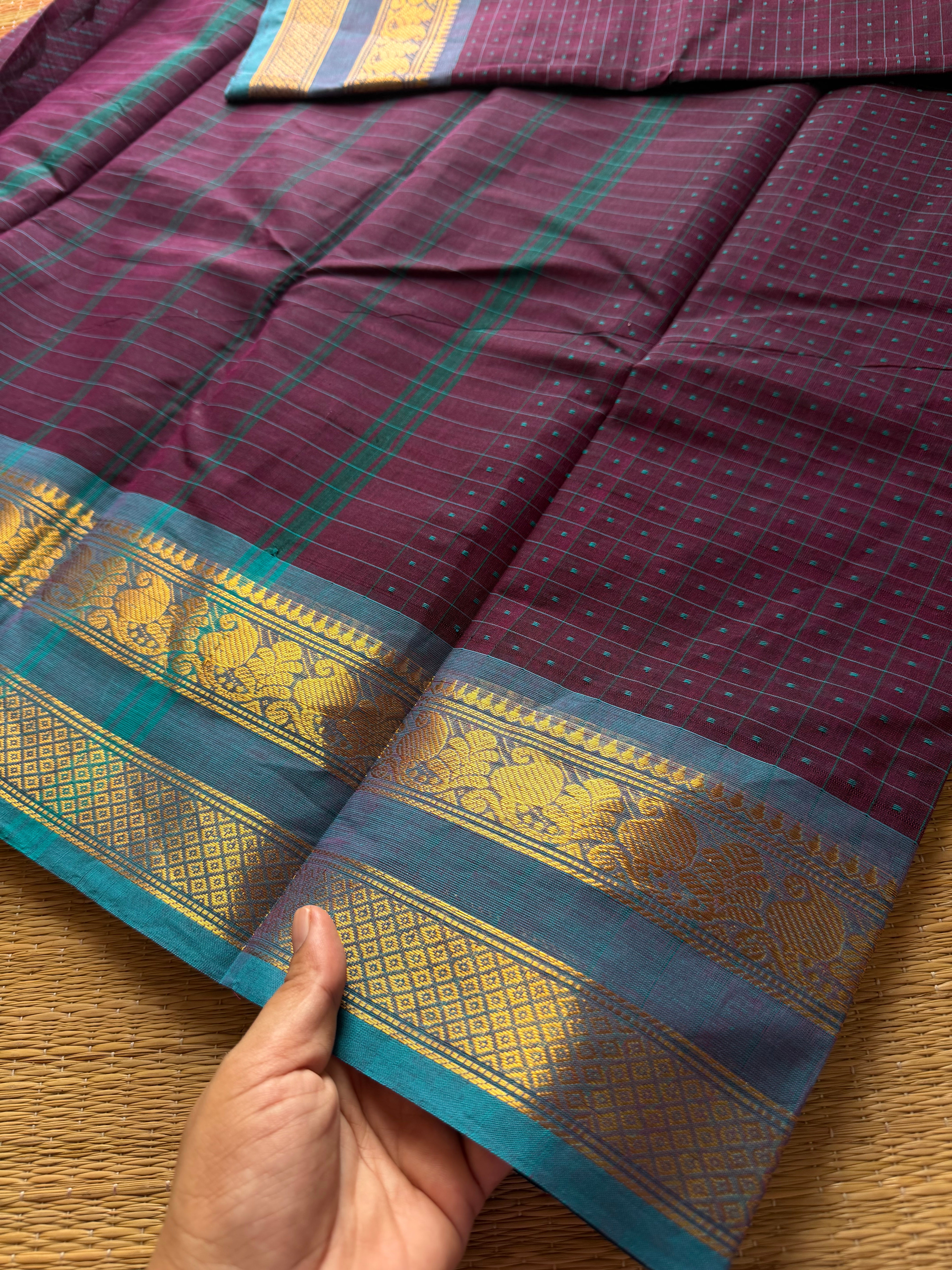 RF516 Purple with sky blue combination Lakshadeepam / 1000 Buttas checks / Kattam pattern Kanchi cotton saree