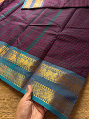 RF516 Purple with sky blue combination Lakshadeepam / 1000 Buttas checks / Kattam pattern Kanchi cotton saree