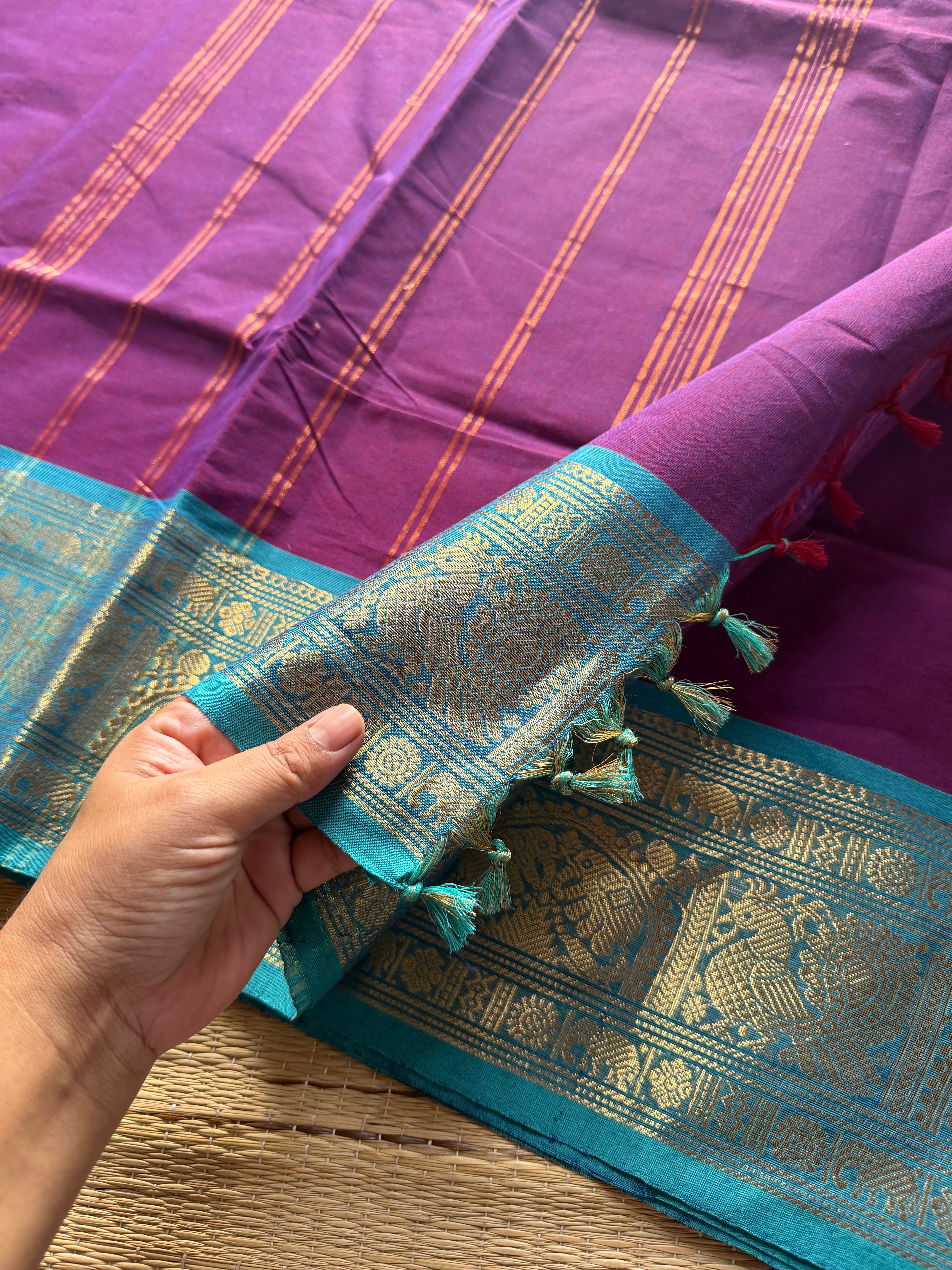 RF324 Silk saree inspired Kanchi cotton saree with Magenta Pink & sky blue combination Annam & elephant pattern Zari border