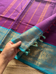 RF324 Silk saree inspired Kanchi cotton saree with Magenta Pink & sky blue combination Annam & elephant pattern Zari border