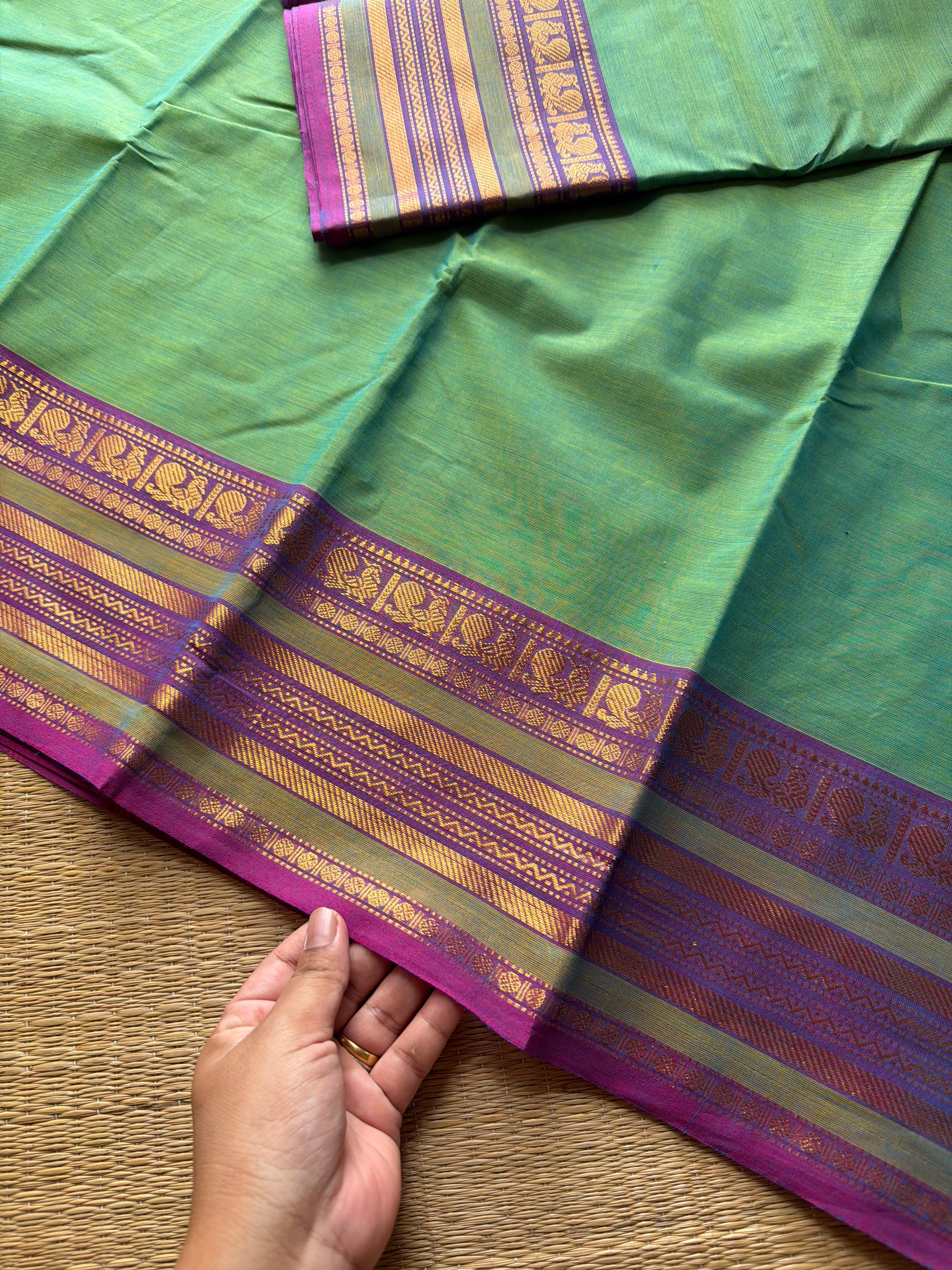 RF503 Dual tone Apple green shade Kanchi cotton saree with silk saree inspired lavender shade Varisaipet  border