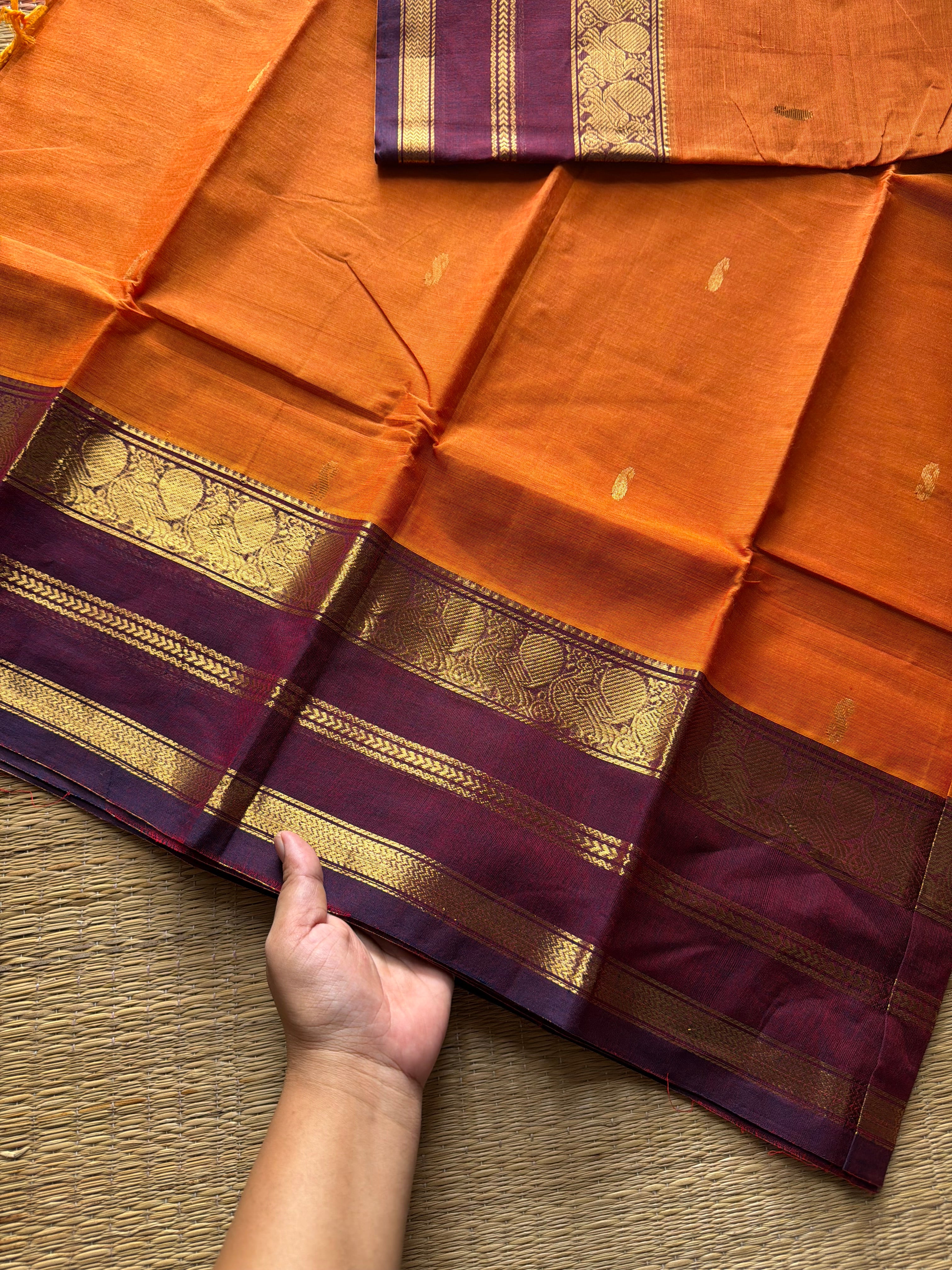 RF418 Orange with maroon combination Kanchi cotton saree with handmade Buttas
