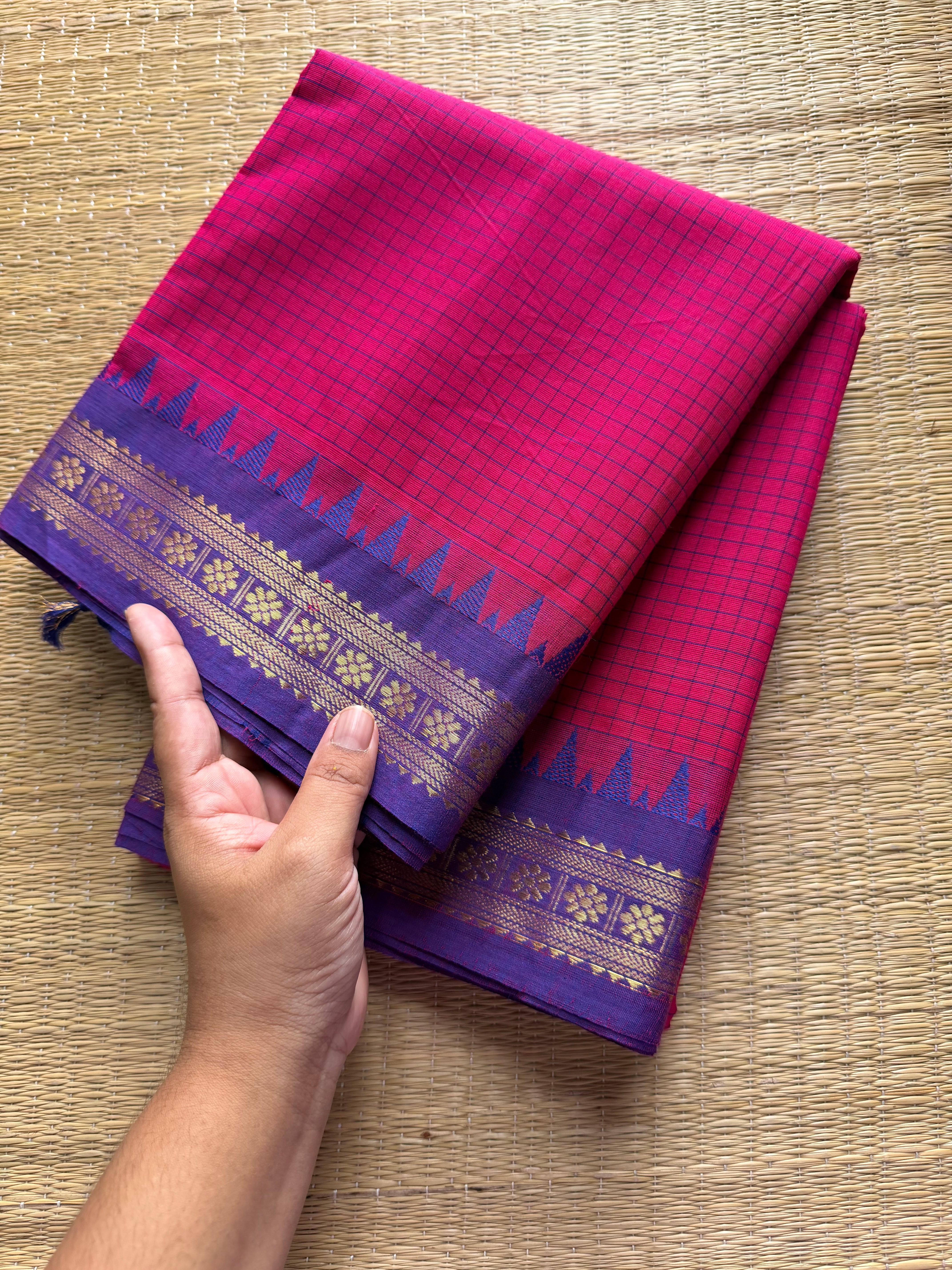RF266 Pink with purple combination Podi Kattam Kanchi cotton saree with small border