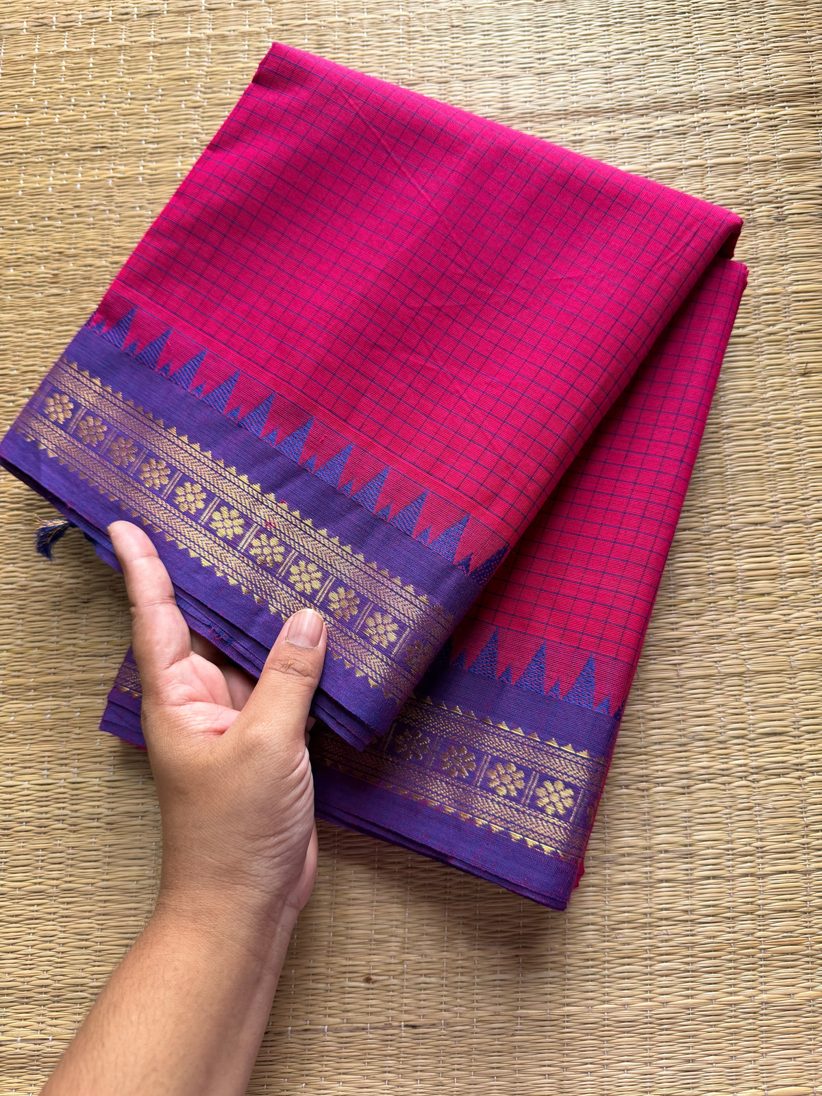 RF266 Pink with purple combination Podi Kattam Kanchi cotton saree with small border
