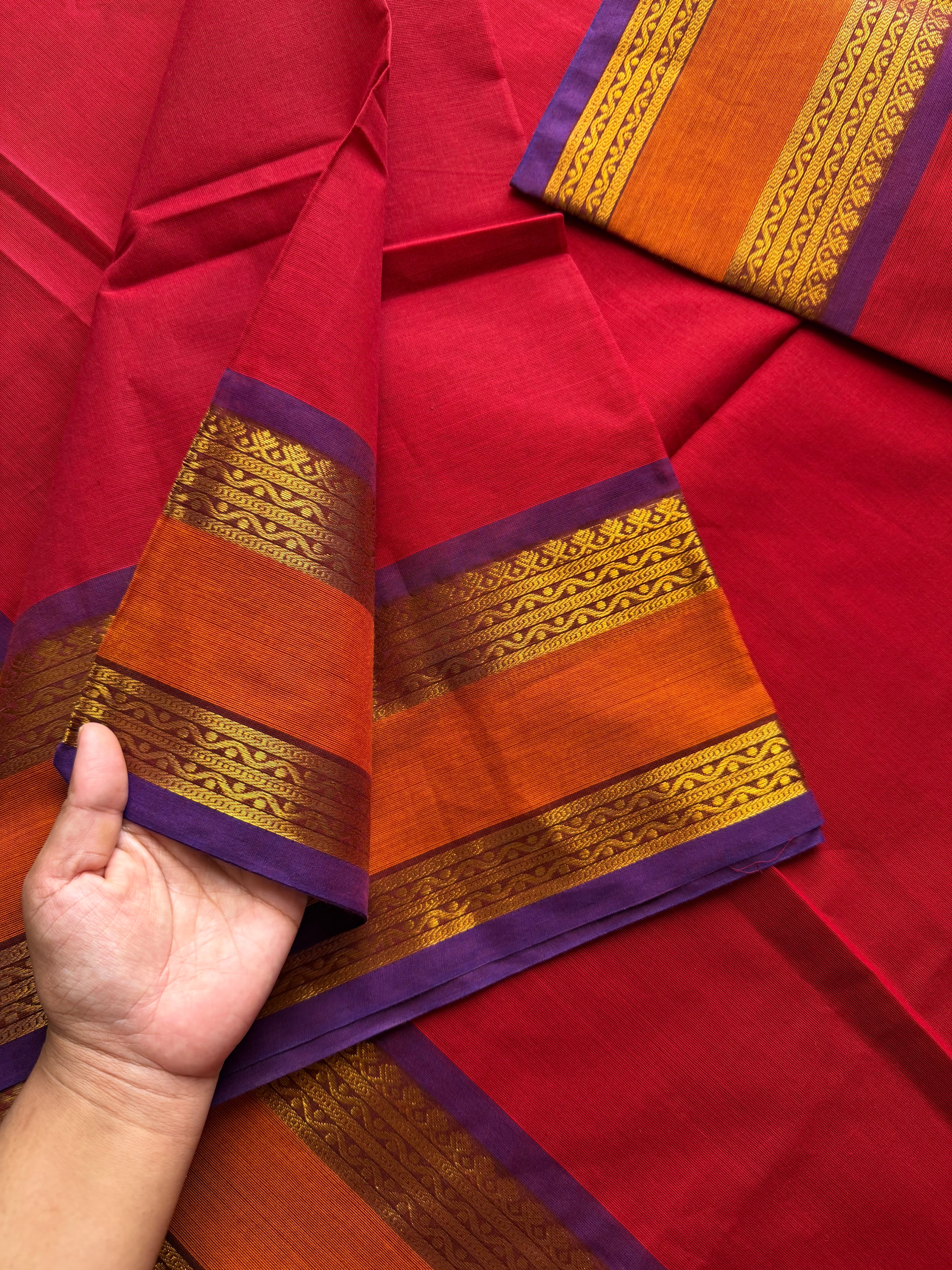 RF620 Reddish maroon  with purple and orange dual combination gap border Kanchi cotton saree
