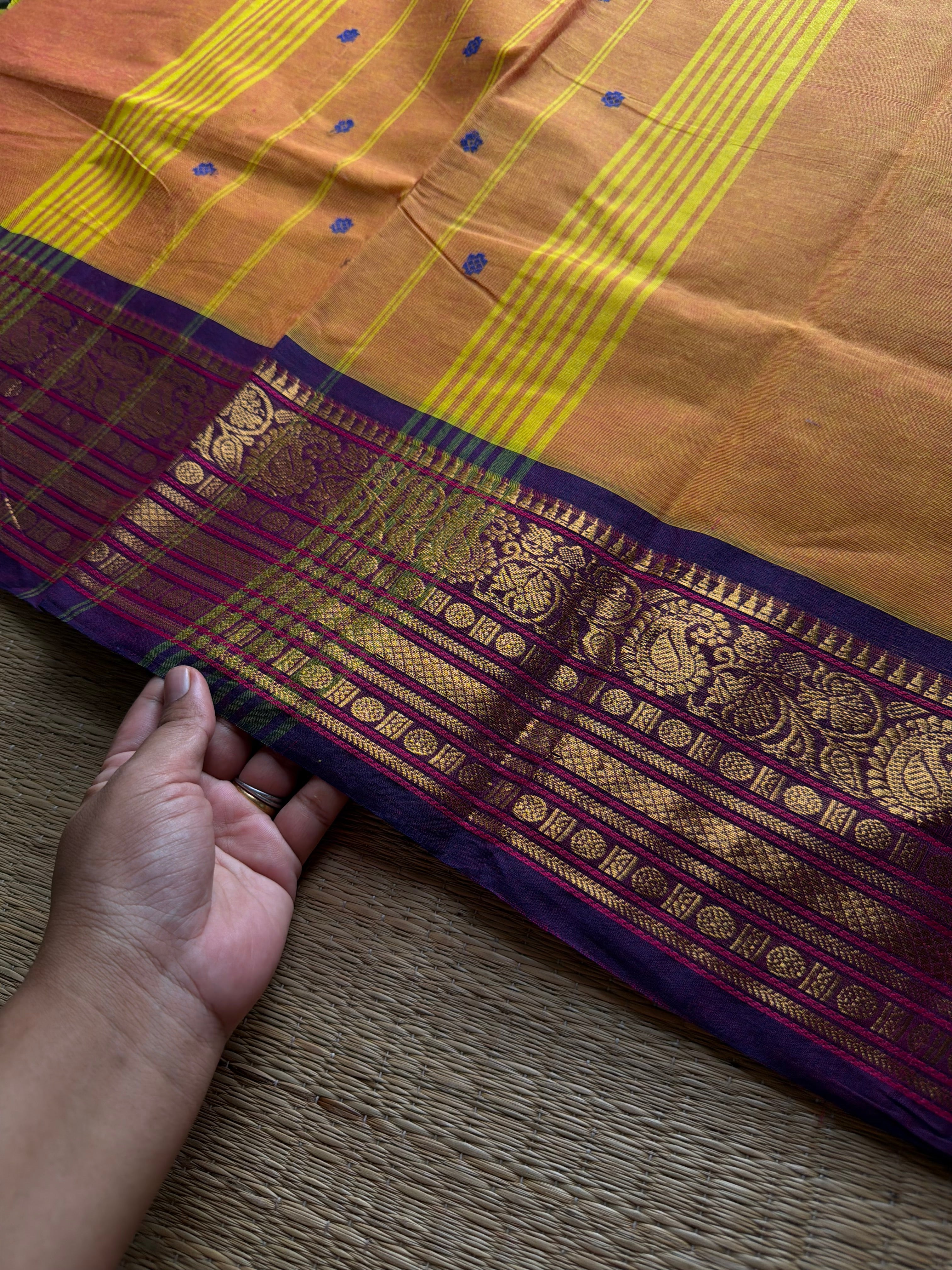 RF880 Orange with purple combination Kanchi cotton saree with handmade thread buttas