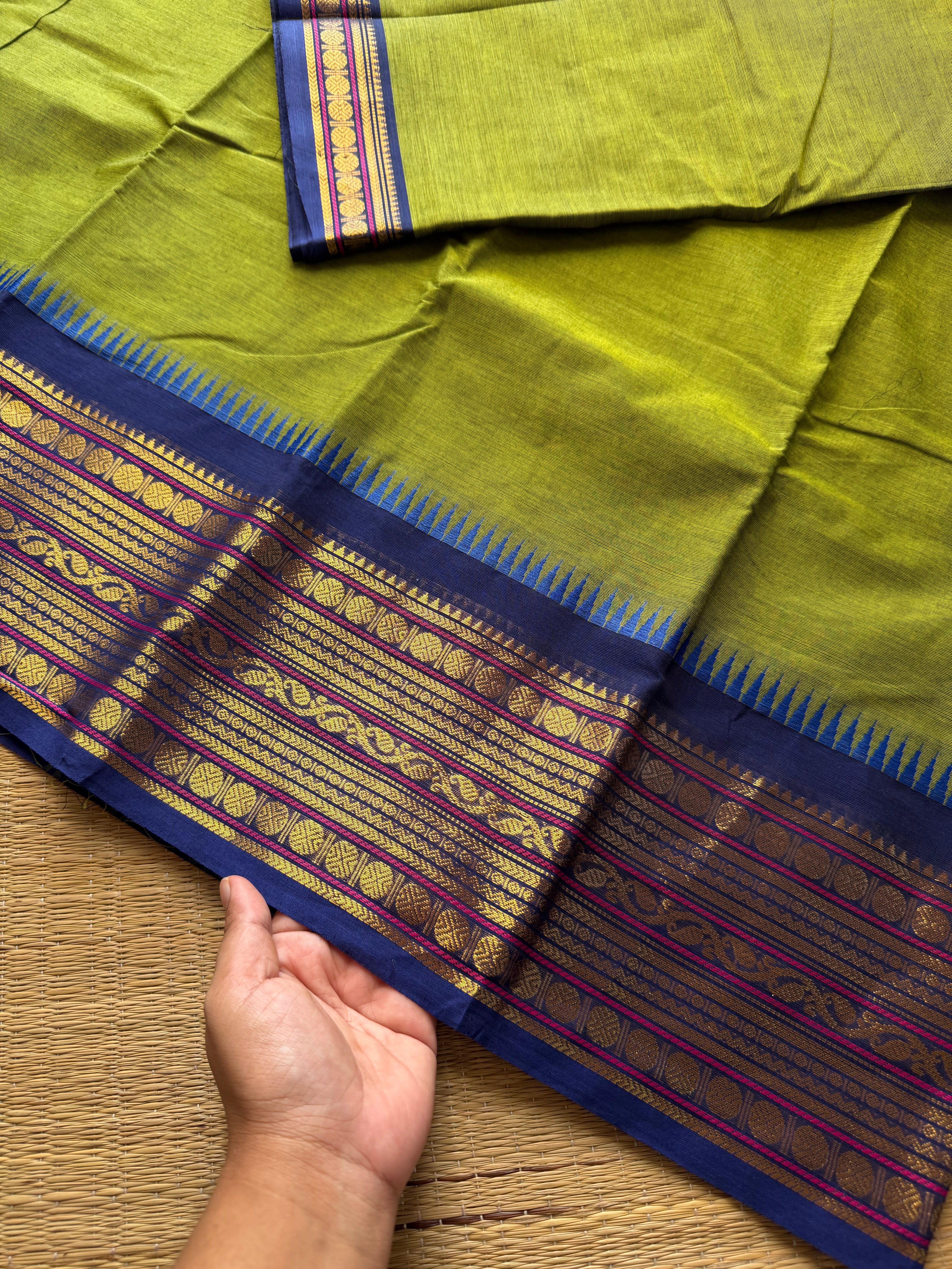 RF353 Green with contrast royal blue combination Kanchi cotton saree