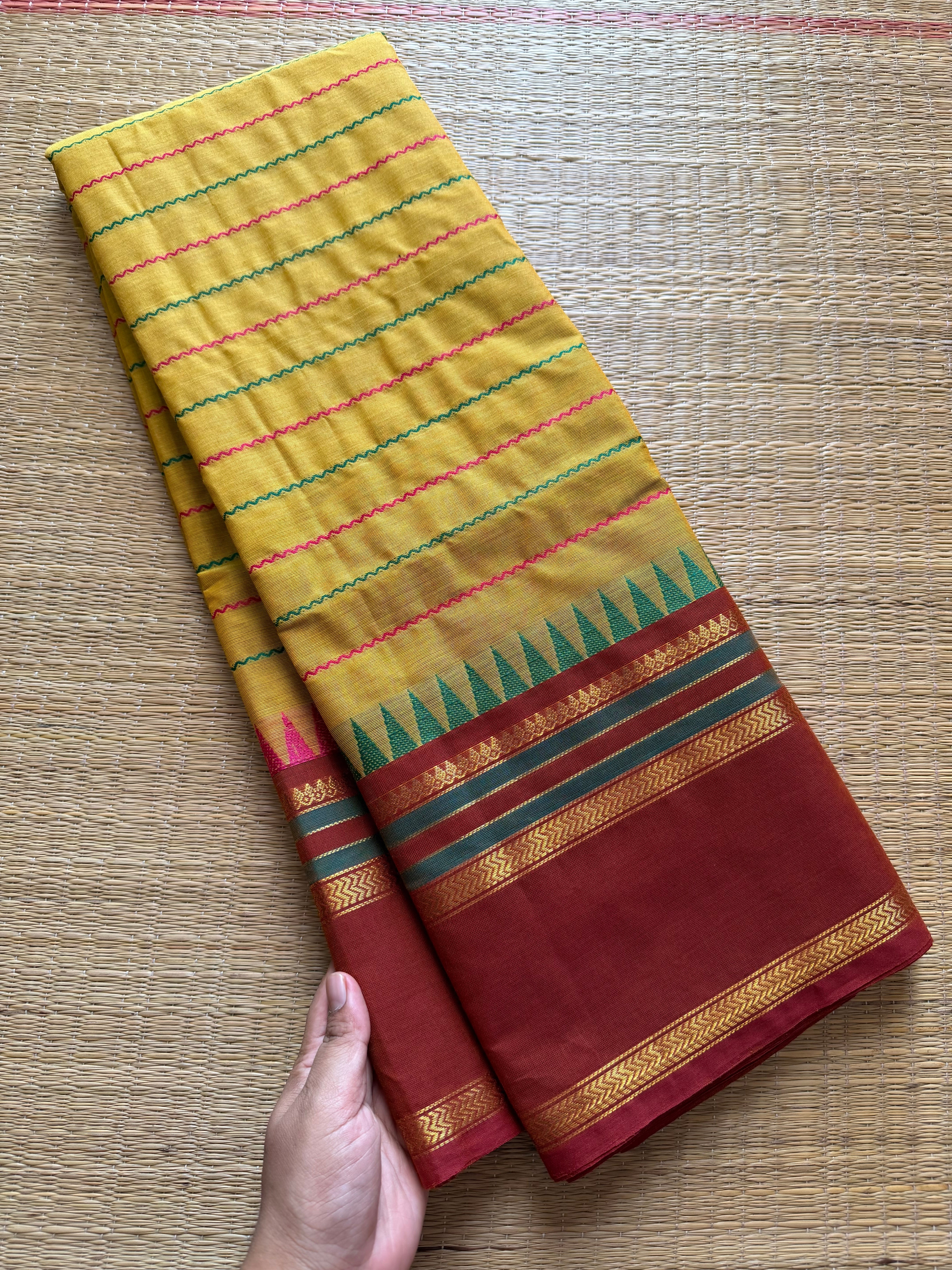 RF326 Yellow with peach combination Kanchi cotton saree with thread woven velthari pattern & unique border