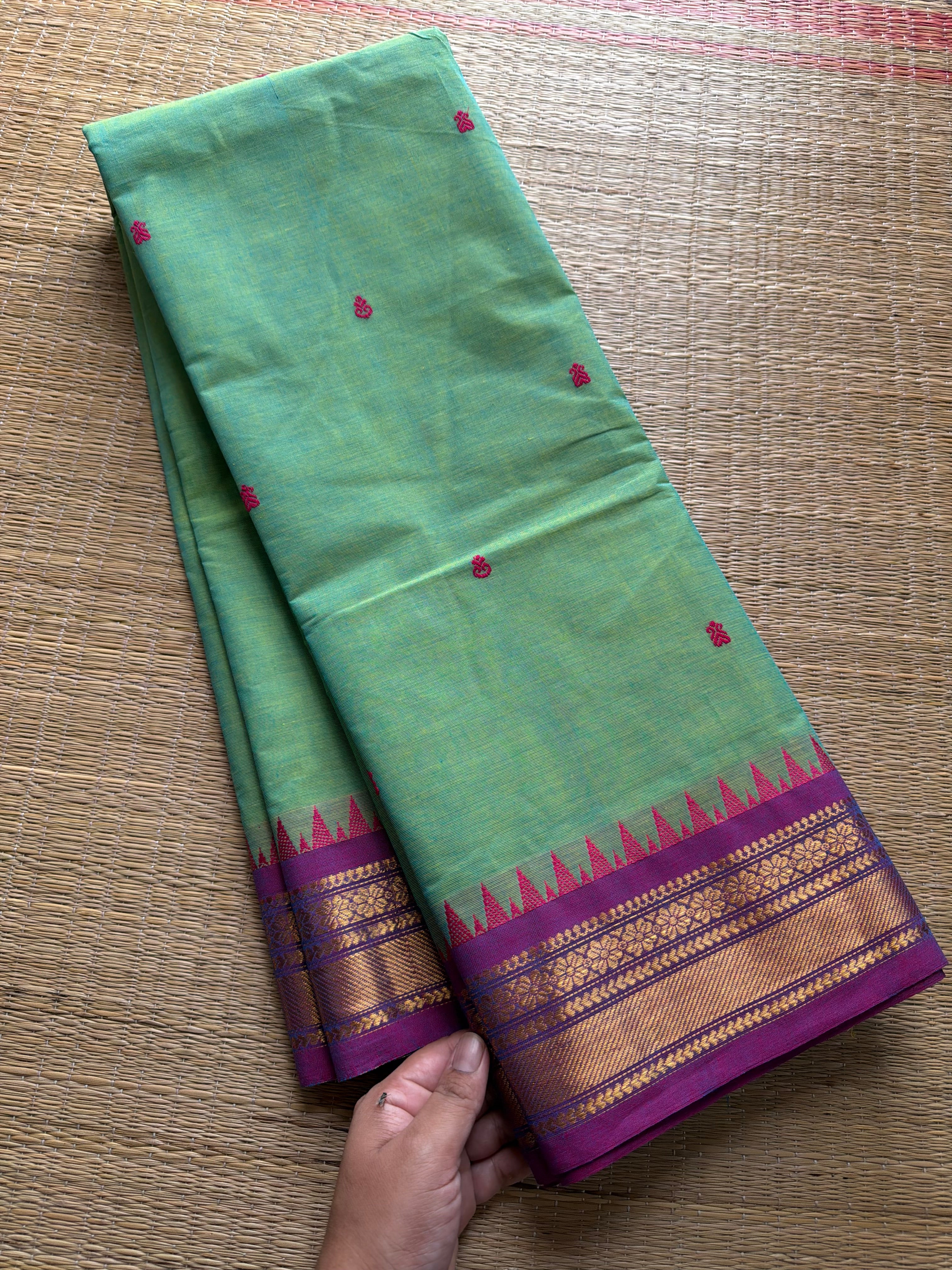 RF382 Dual tone Apple green with contrast purple combination small border Kanchi cotton saree with handmade thread buttas